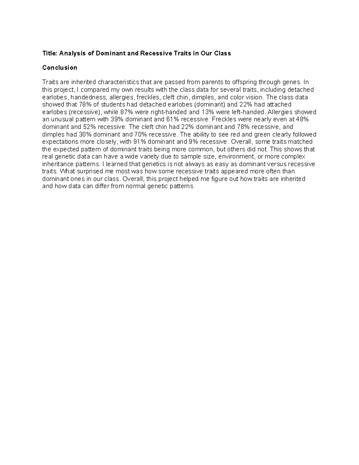 Genetics Analysis: Dominant vs. Recessive Traits in Class Data - Studocu