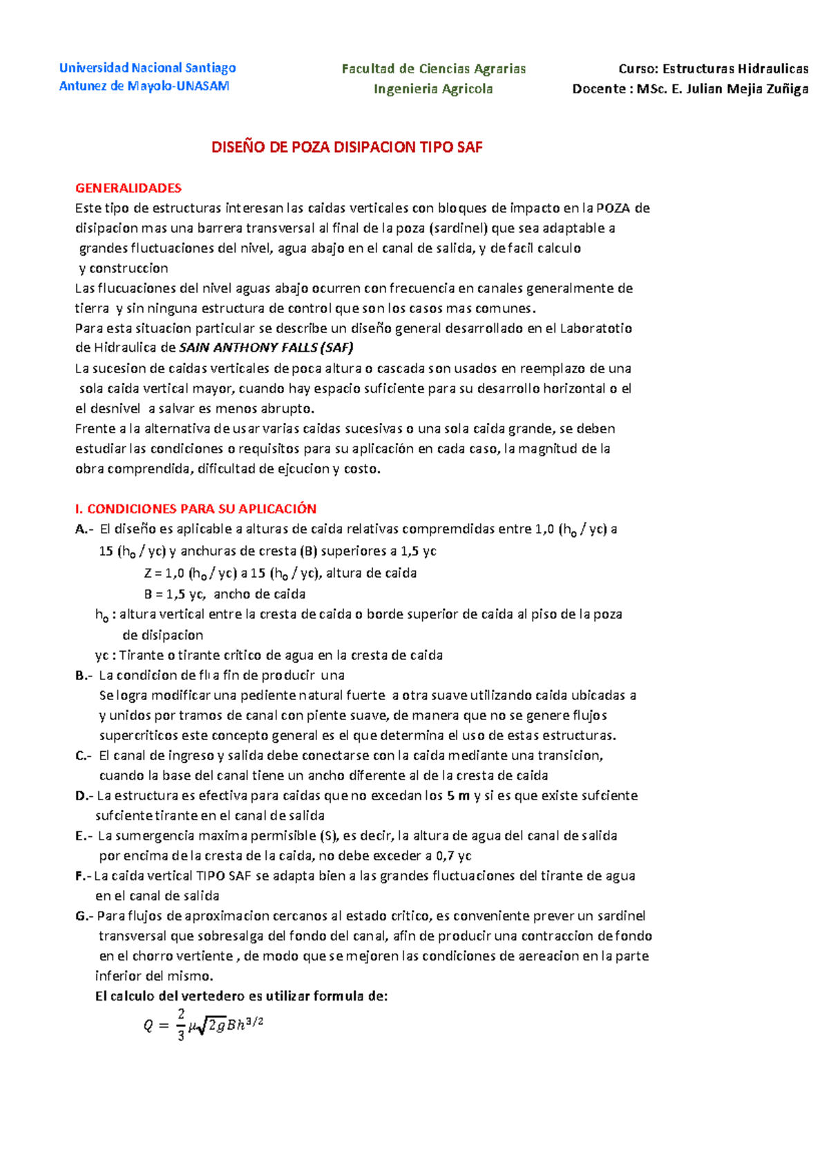 Diseño de Caída Vertical TIPO SAF - Estructuras Hidráulicas (ING-201) - Document Preview