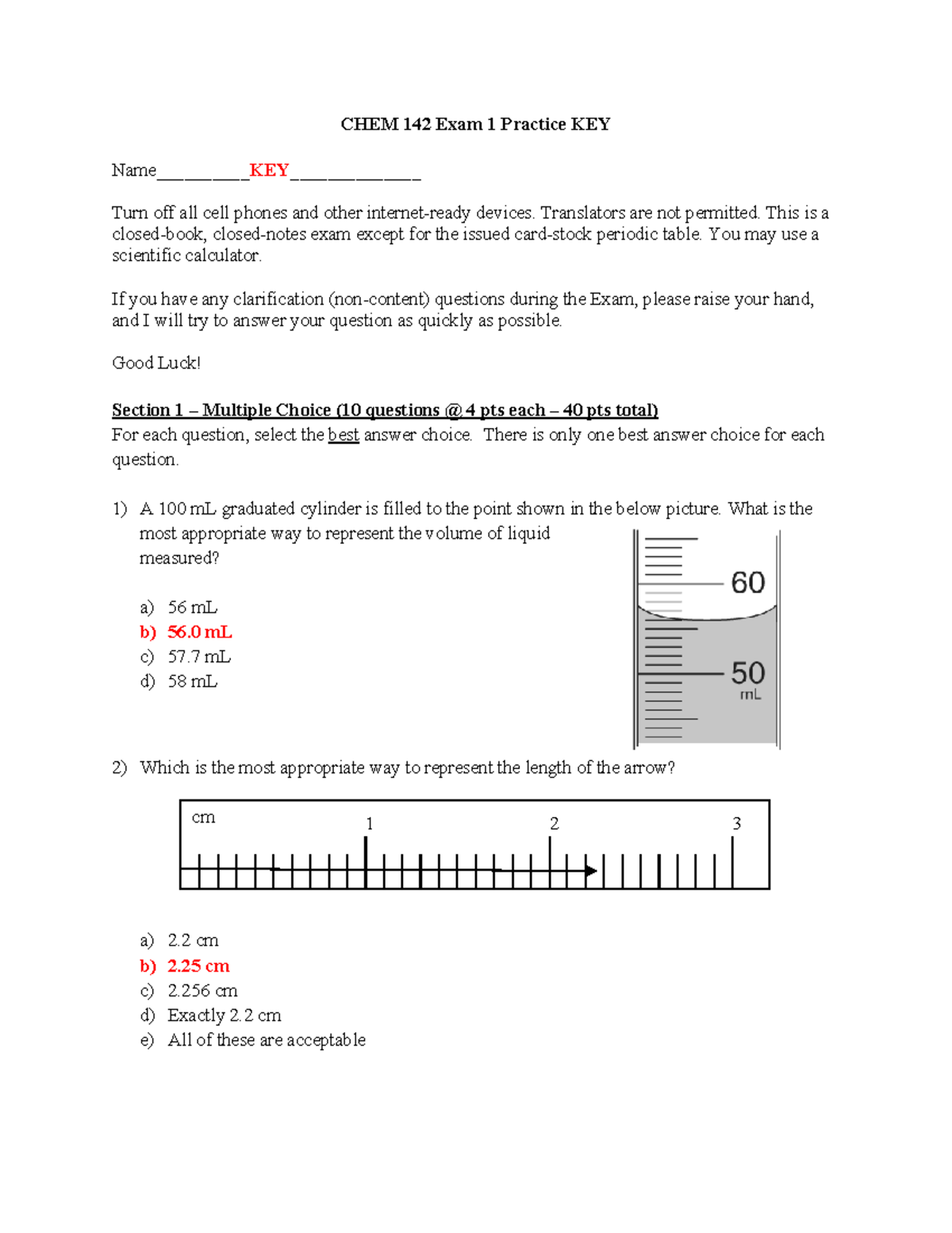 Chem 142 Exam 1 practice key and guidelines for students - Studocu