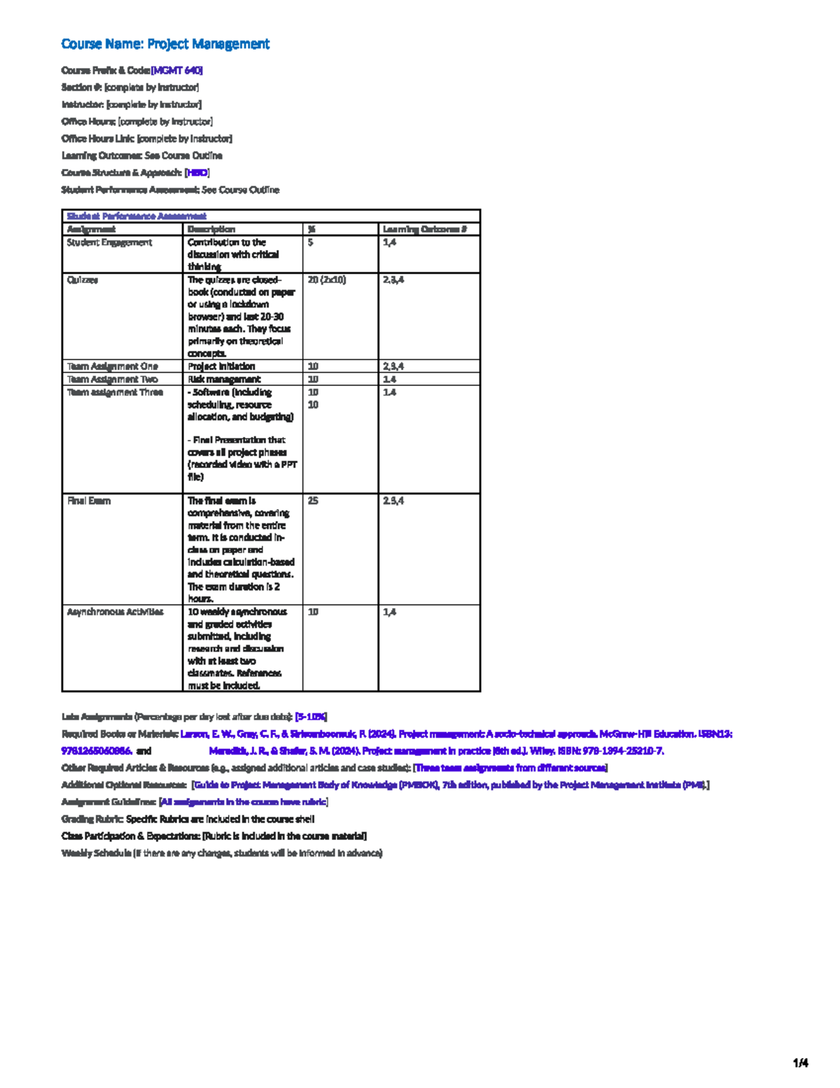 Project Management (PM 101) Course Outline and Assessment Details - Studocu