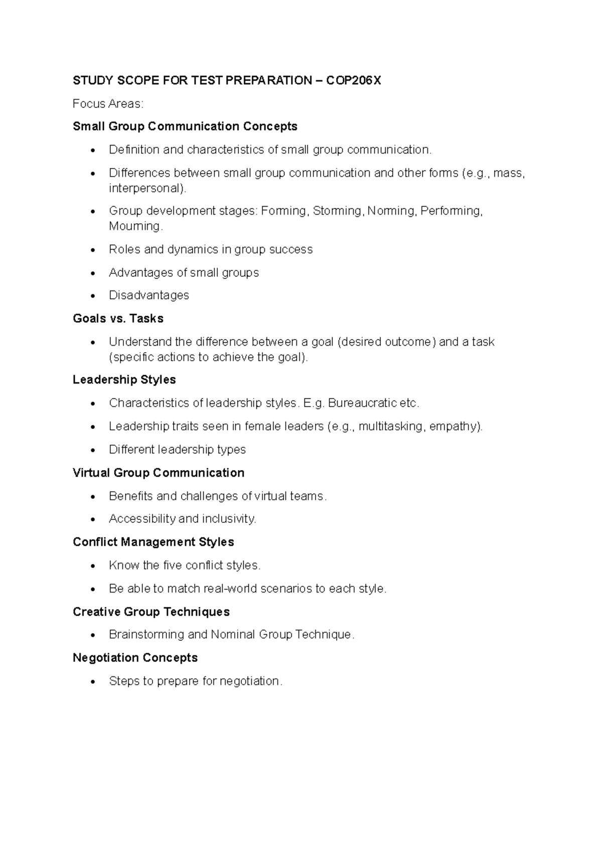 Study Scope for Test 1: Small Group Communication & Leadership COP206X ...
