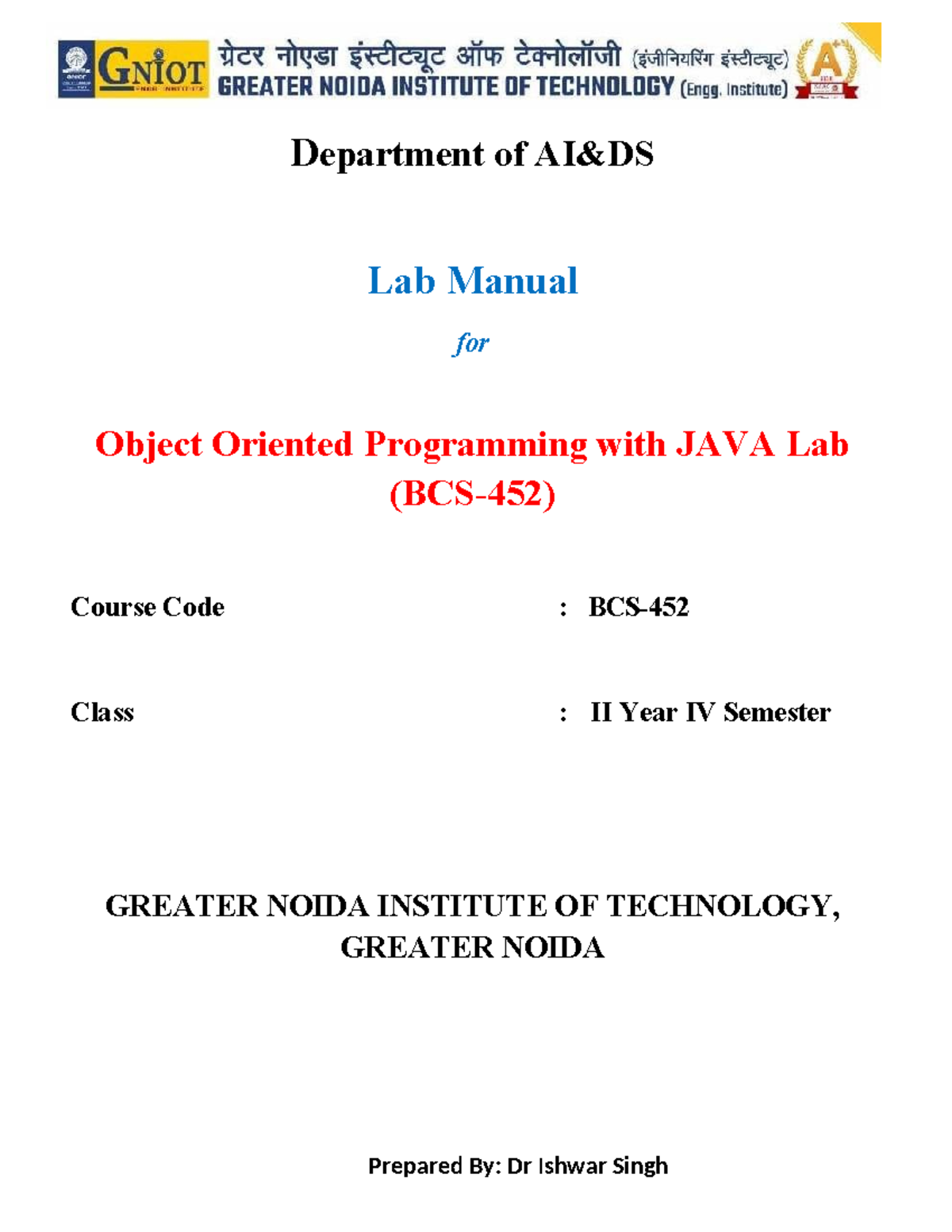 Java Lab Manual BCS-452: OOP with Java Programming Exercises - Studocu