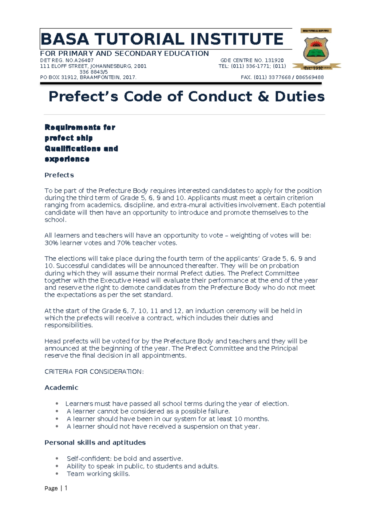 BASA Prefects Policy 2025: Duties, Responsibilities & Criteria - Studocu