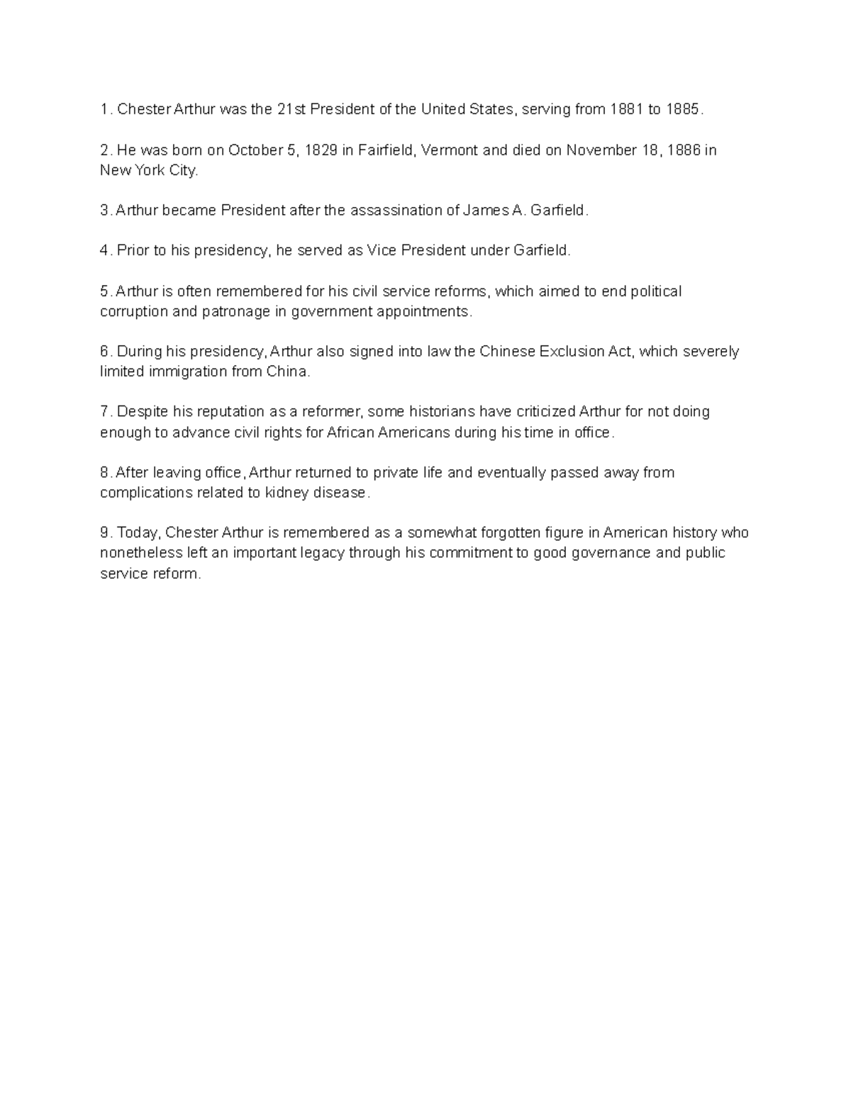 US History Notes: President Chester Arthur (21st) Overview - Studocu