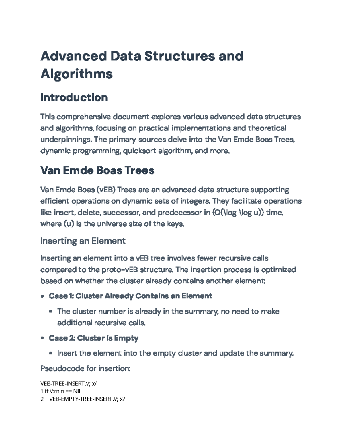 Advanced Data Structures and Algorithms: VEB Trees & Quicksort Analysis ...