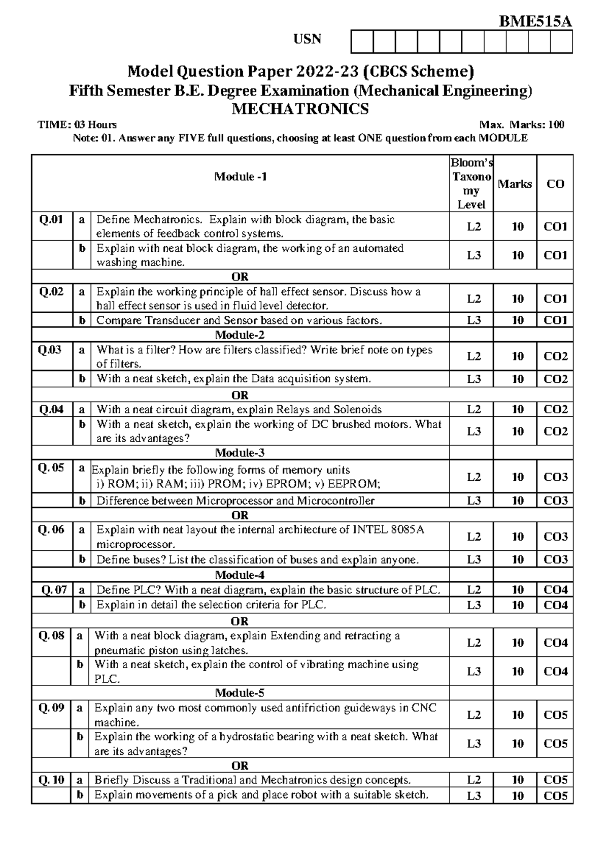 BME515A Mechatronics Model Question Paper - 5th Sem Exam - Studocu