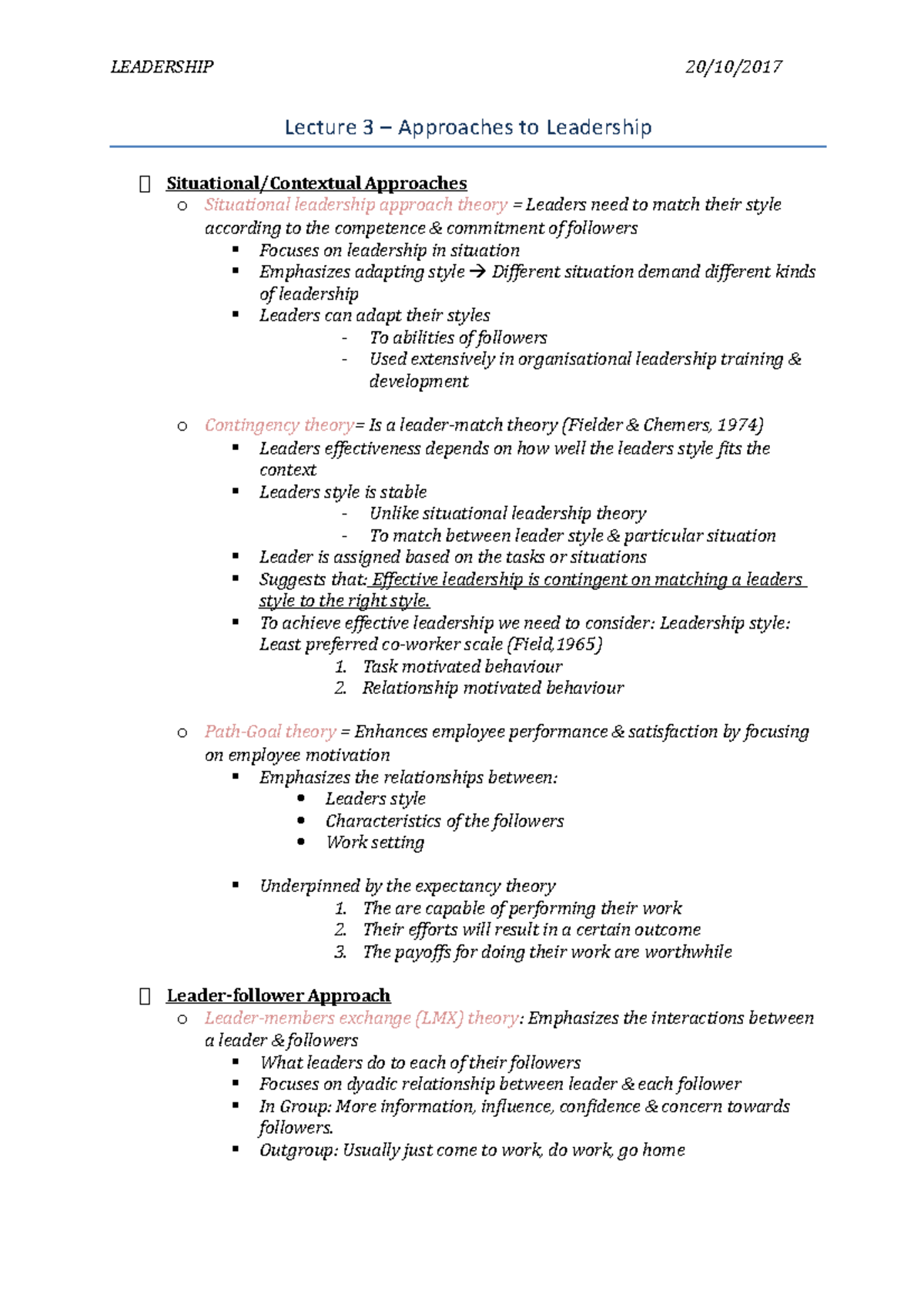 Lecture 3 – Approaches to Leadership - LEADERSHIP 20/10/ Lecture 3 ...