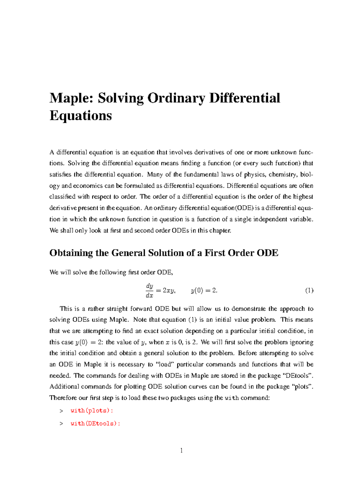 Maple Manual: Solving ODEs - First & Second Order Techniques - Studocu