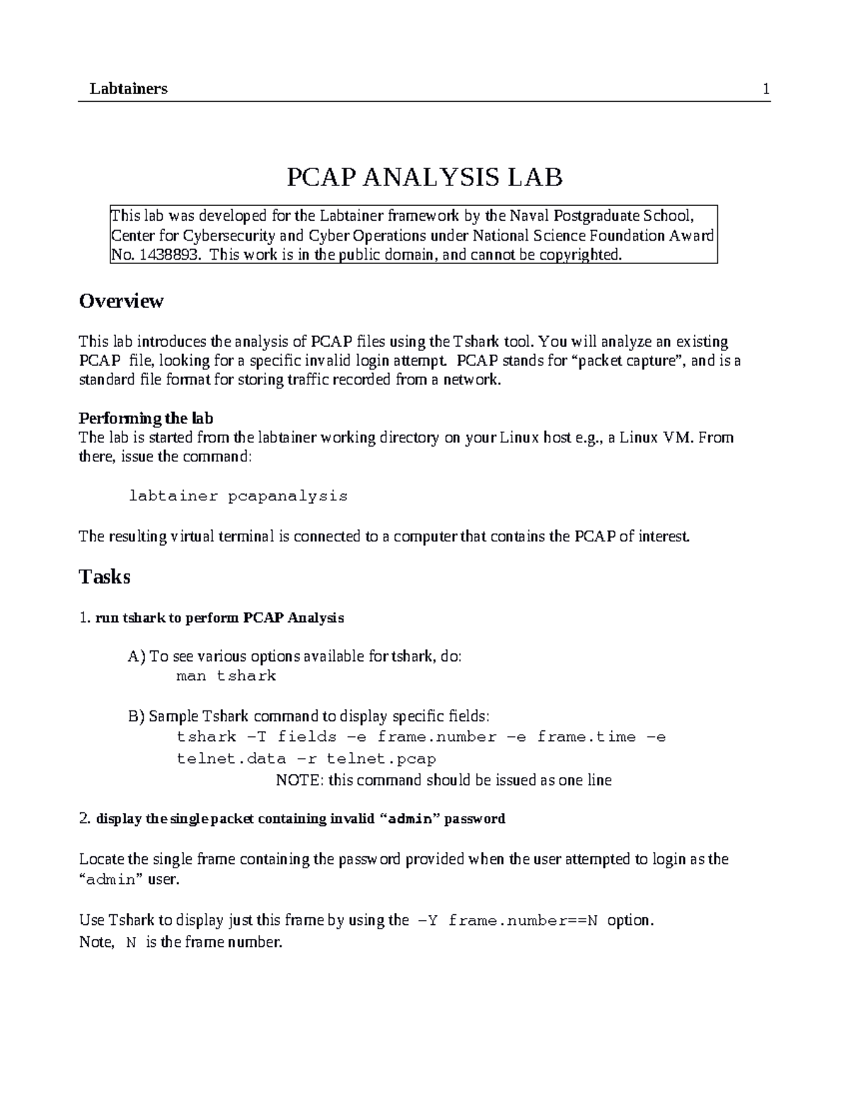 Pcapanalysis - Labtainers 1 PCAP ANALYSIS LAB Overview This lab ...