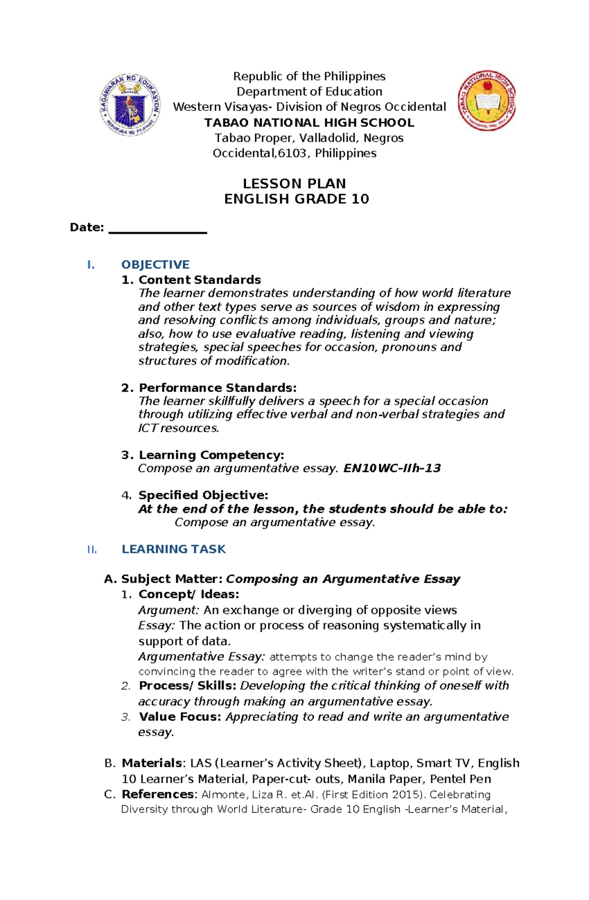 ENGLISH 10 Lesson Plan: Composing an Argumentative Essay (COT 2022-2023 ...