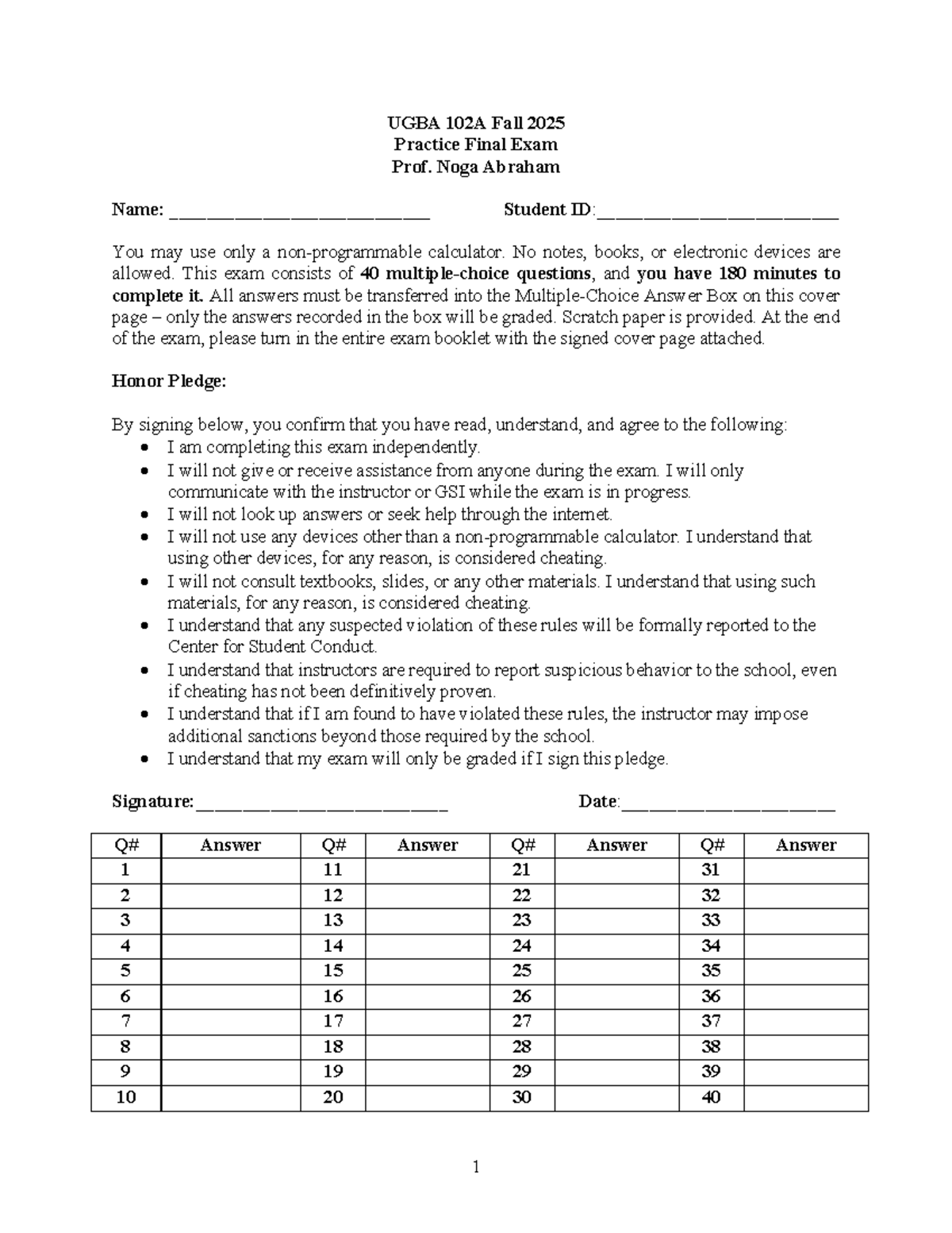 UGBA 102A Fall 2025 Practice Final Exam Guidelines and Questions - Studocu
