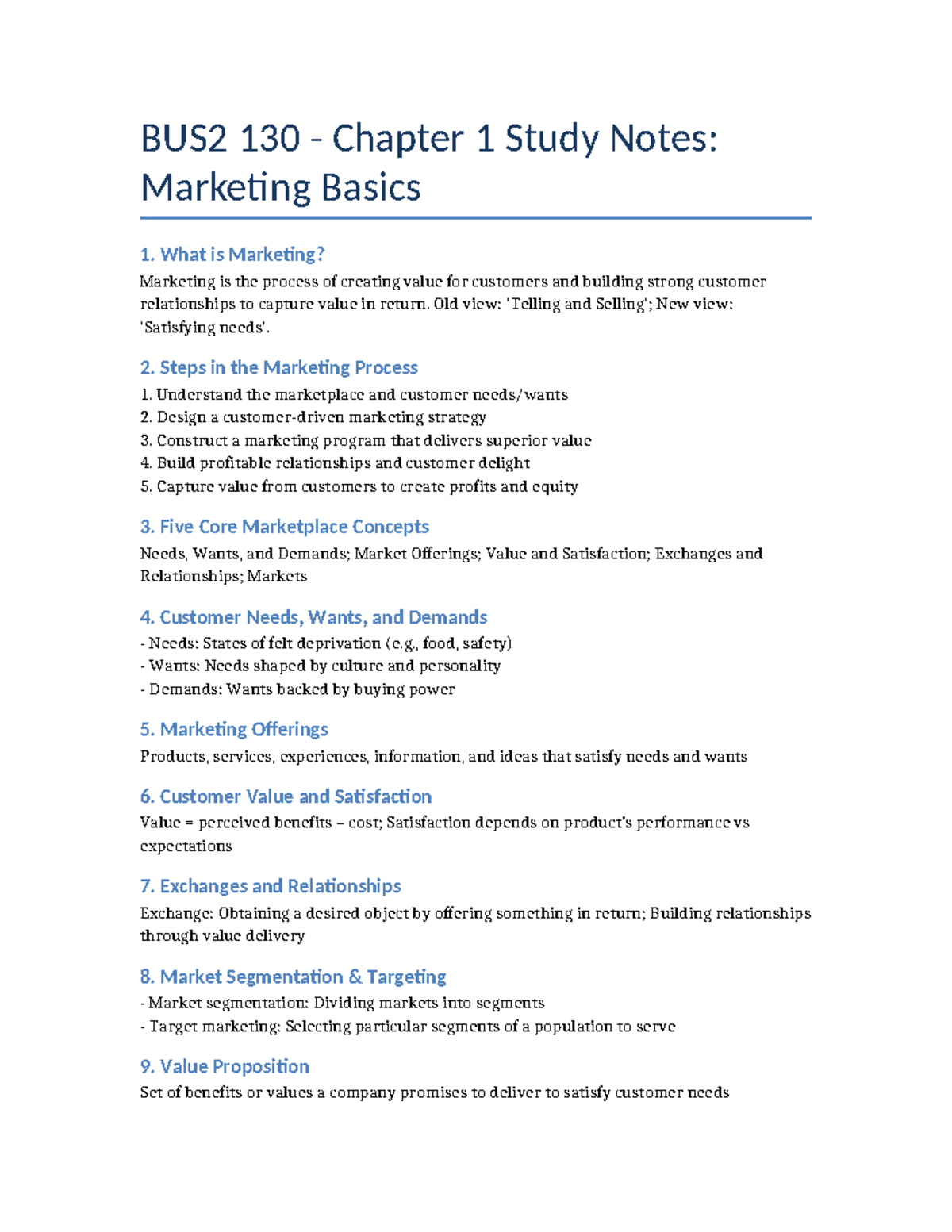 BUS2 130 Chapter 1 Study Notes: Fundamentals of Marketing Concepts ...