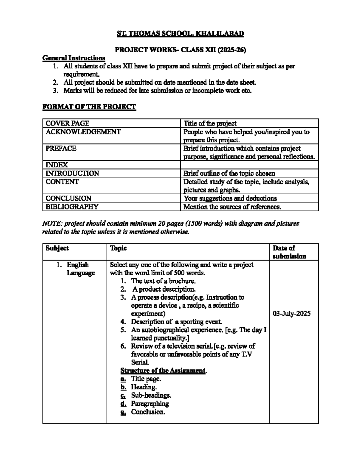Class XII Project Guidelines and Topics for Various Subjects - Studocu