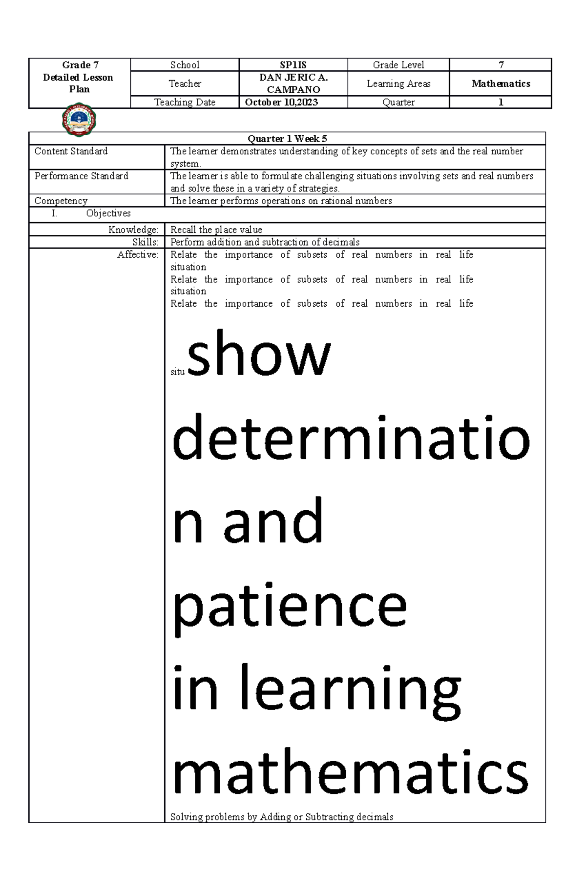 MATH 7 - Lesson Plan on Addition and Subtraction of Decimals - Studocu