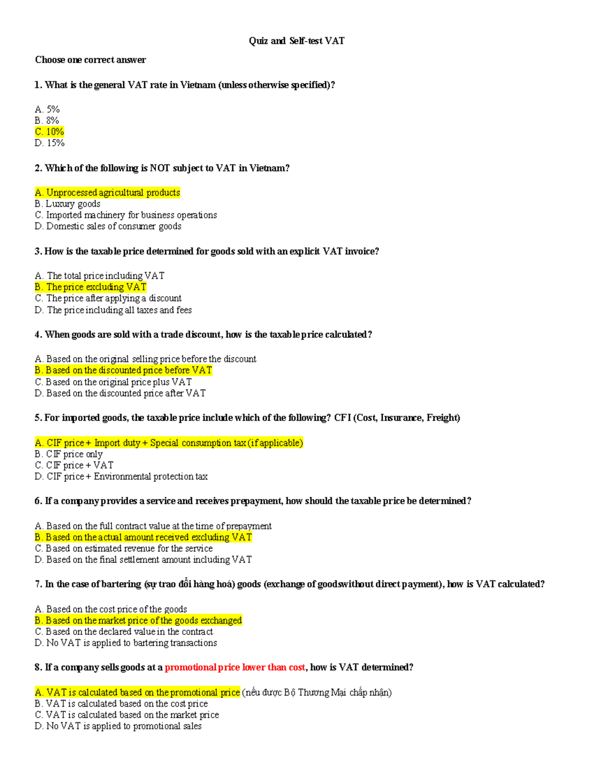 VAT.Self test. SV - Thuế - Quiz and Self-test VAT Choose one correct ...