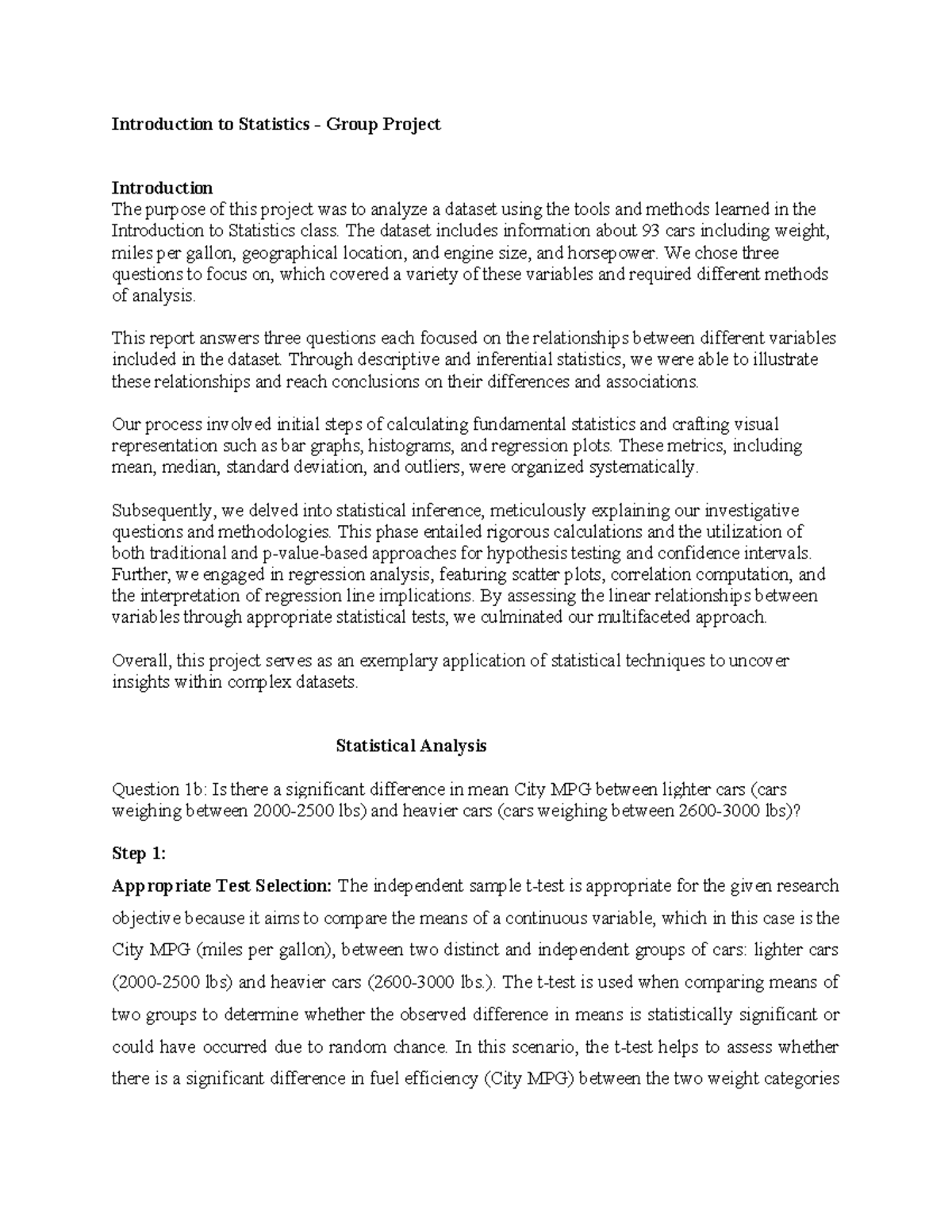 Statistics Project (STAT101) - Final Analysis and Insights on Car ...