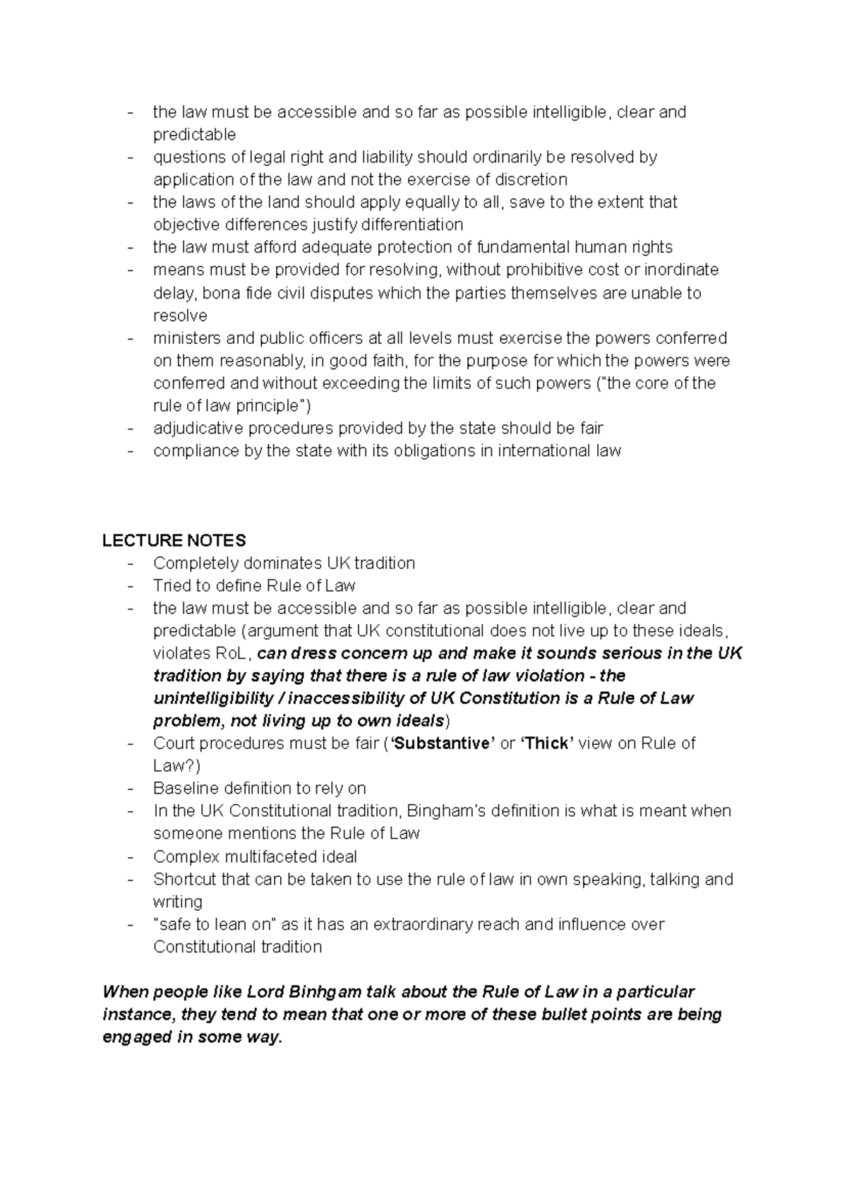 RULE OF LAW LECTURE NOTES: Lord Bingham's Definition Explained - Studocu