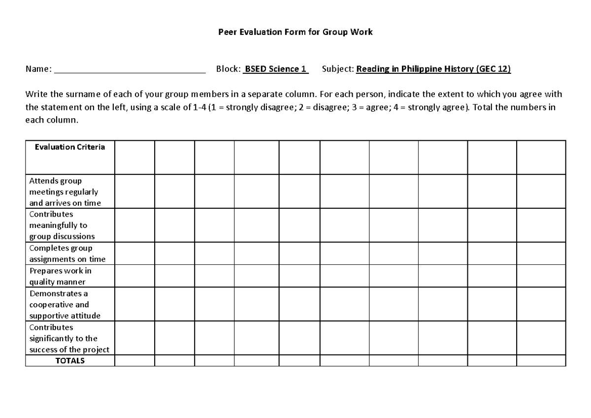 Group Project Peer Evaluation Form