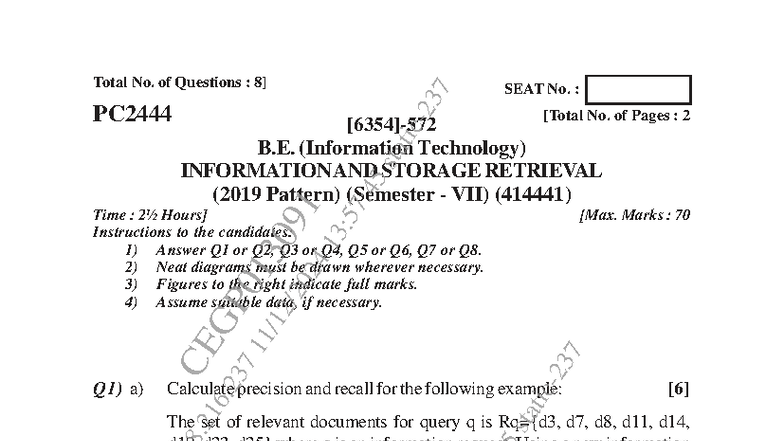 B.E. (IT) INFORMATION AND STORAGE RETRIEVAL - SEM VII EXAM NOTES - Studocu