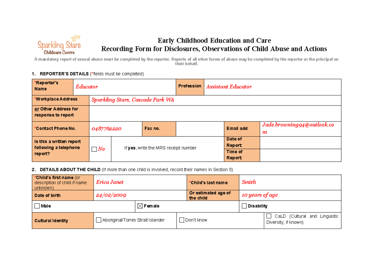 Detailed Reporting Form for Child Abuse - Erica (ECEC) - Studocu