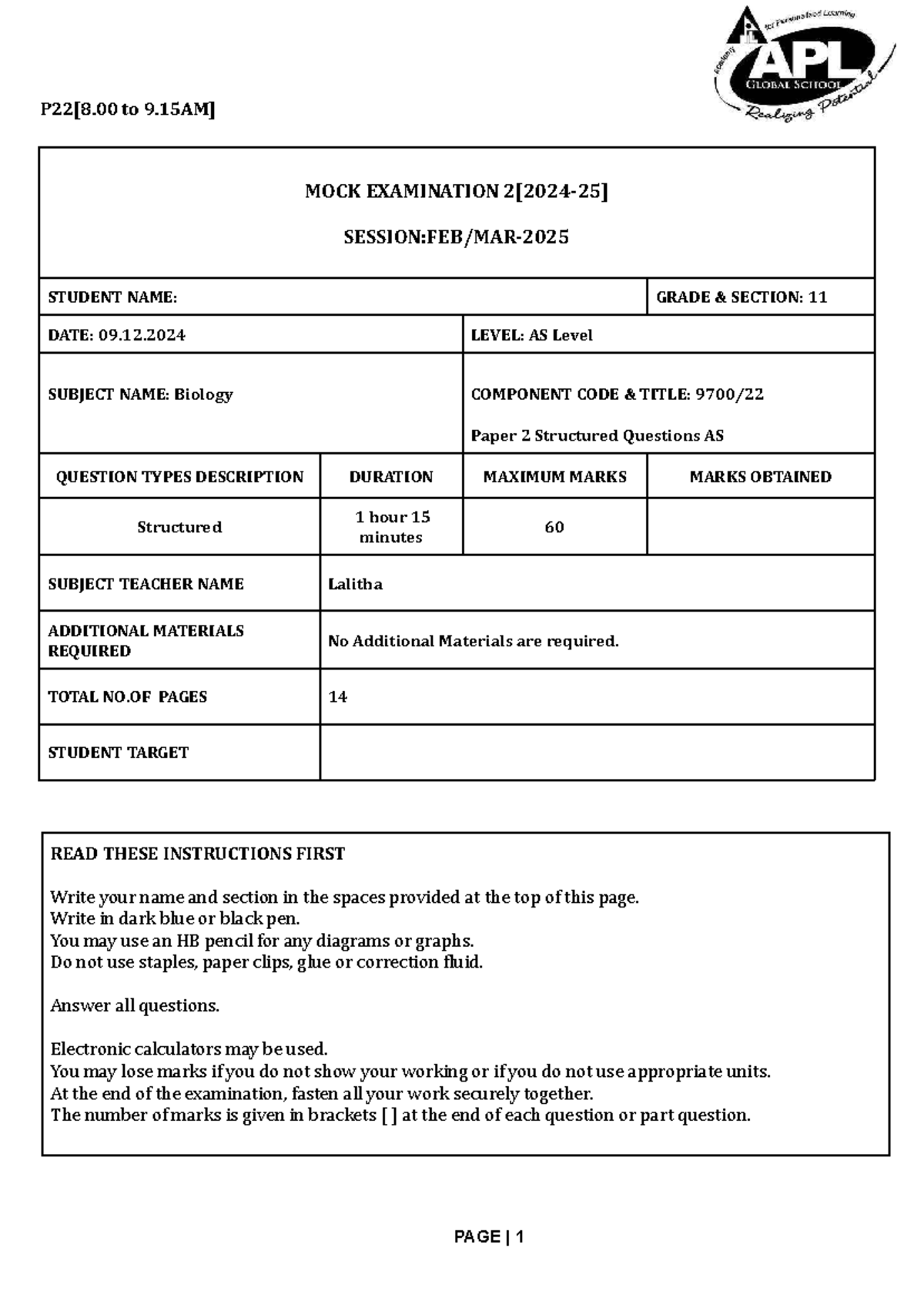 AS Level Biology Mock Exam Paper 2 (Feb-Mar 2025) - Grade 11 - Studocu