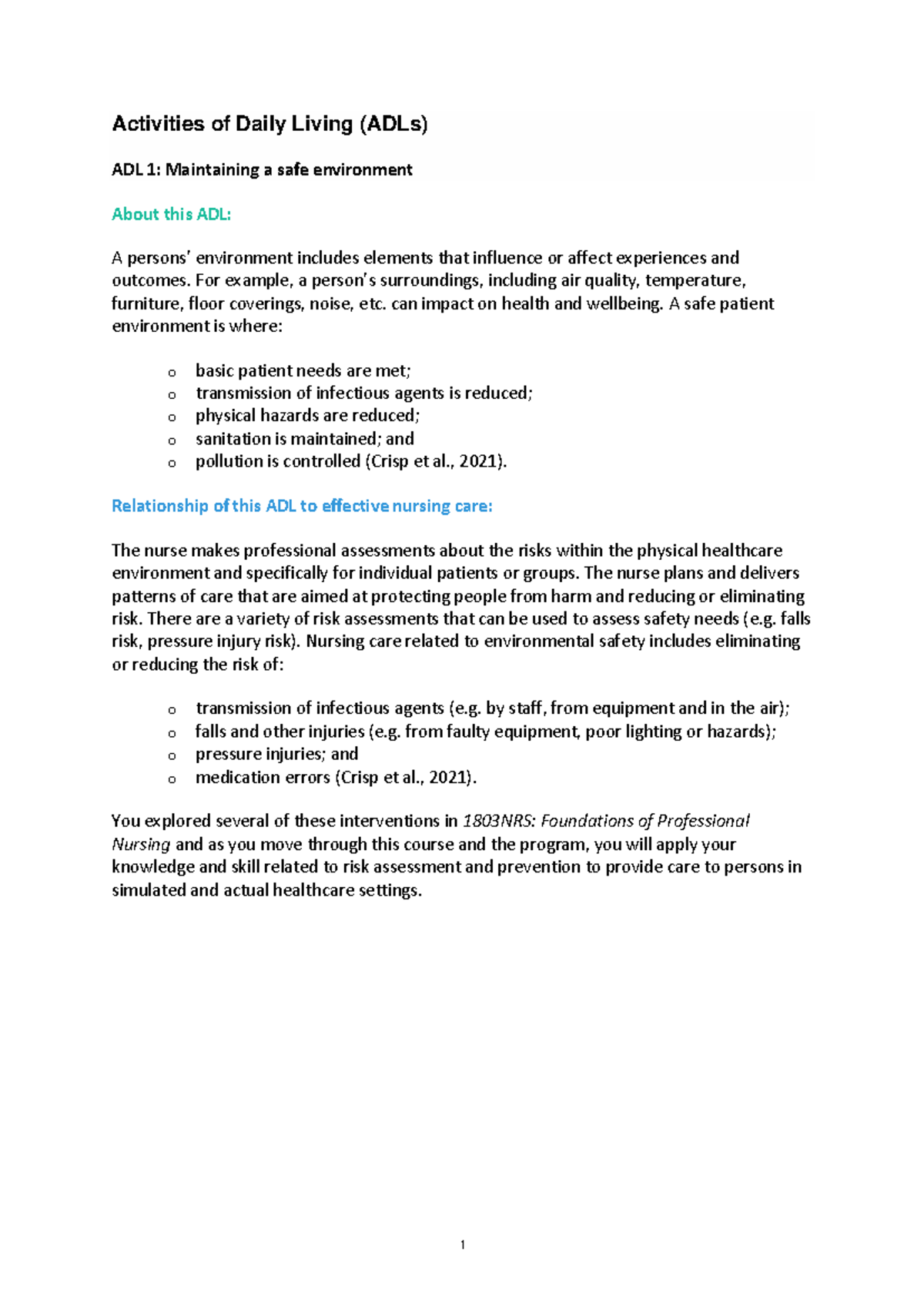 1809NRS Activities of Daily Living (ADLs) Overview and Key Concepts ...