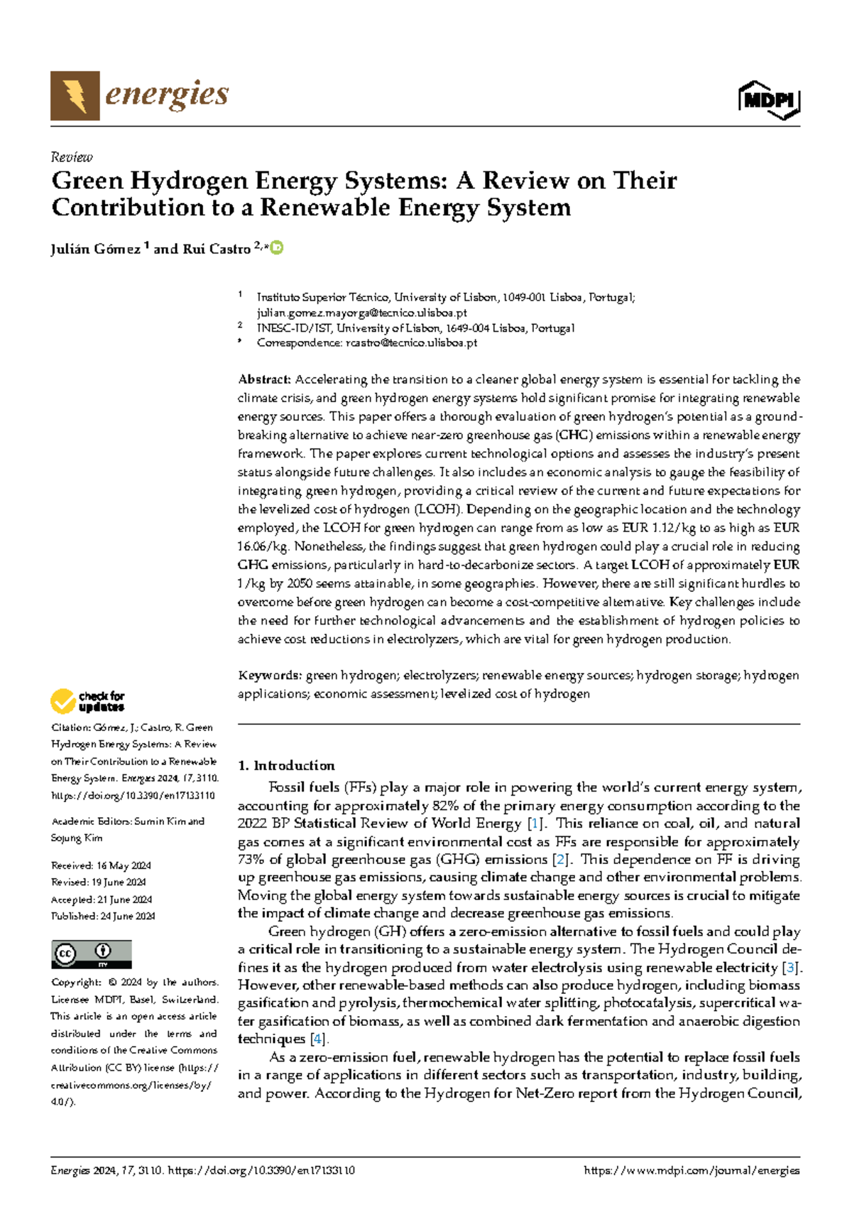 Energies 2024 - Green Hydrogen Energy Systems: A Comprehensive Review ...