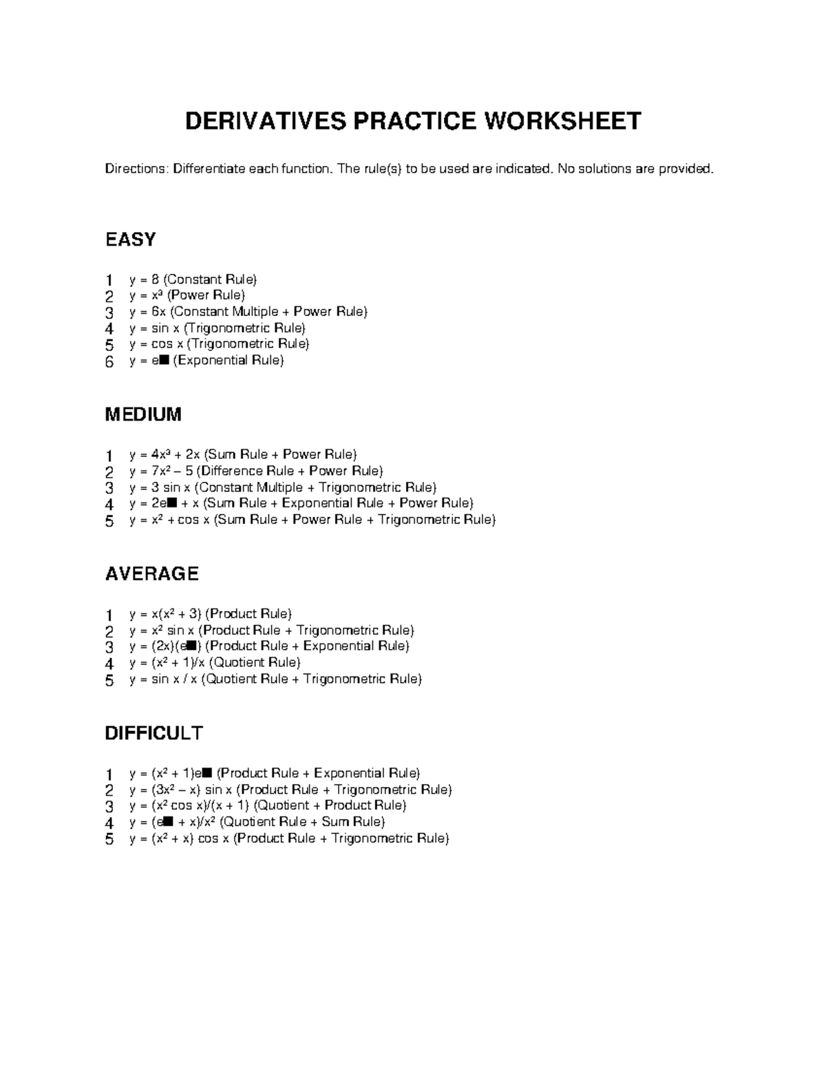 Calculus 101: Derivative Practice Worksheet - Studocu
