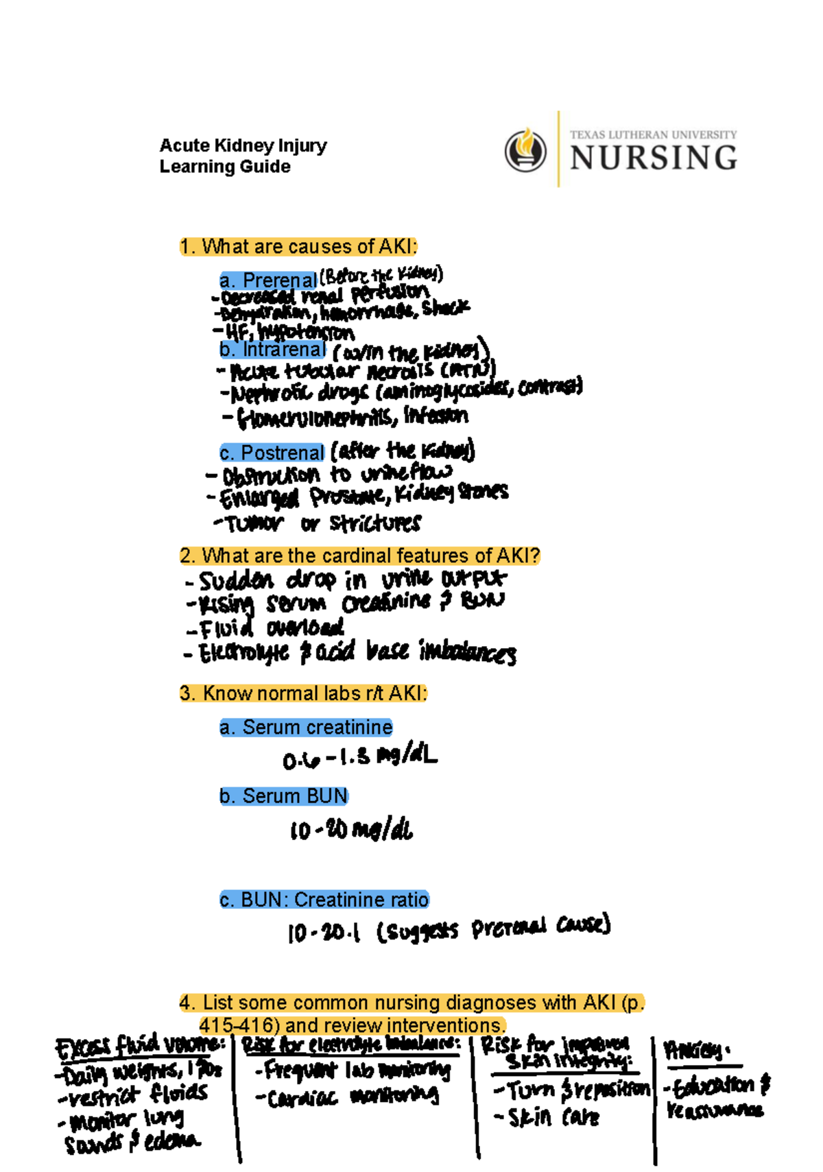 Week 7 AKI Learning Guide: Causes, Features, and Management - Studocu