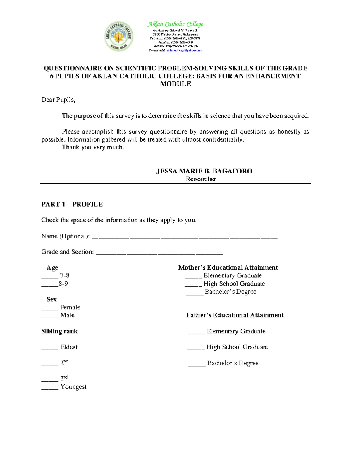 jessa marie b bagaforo student ID