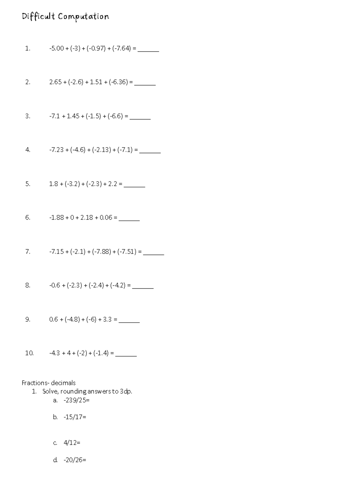 Math 101: Difficult Computation Practice Problems - Studocu