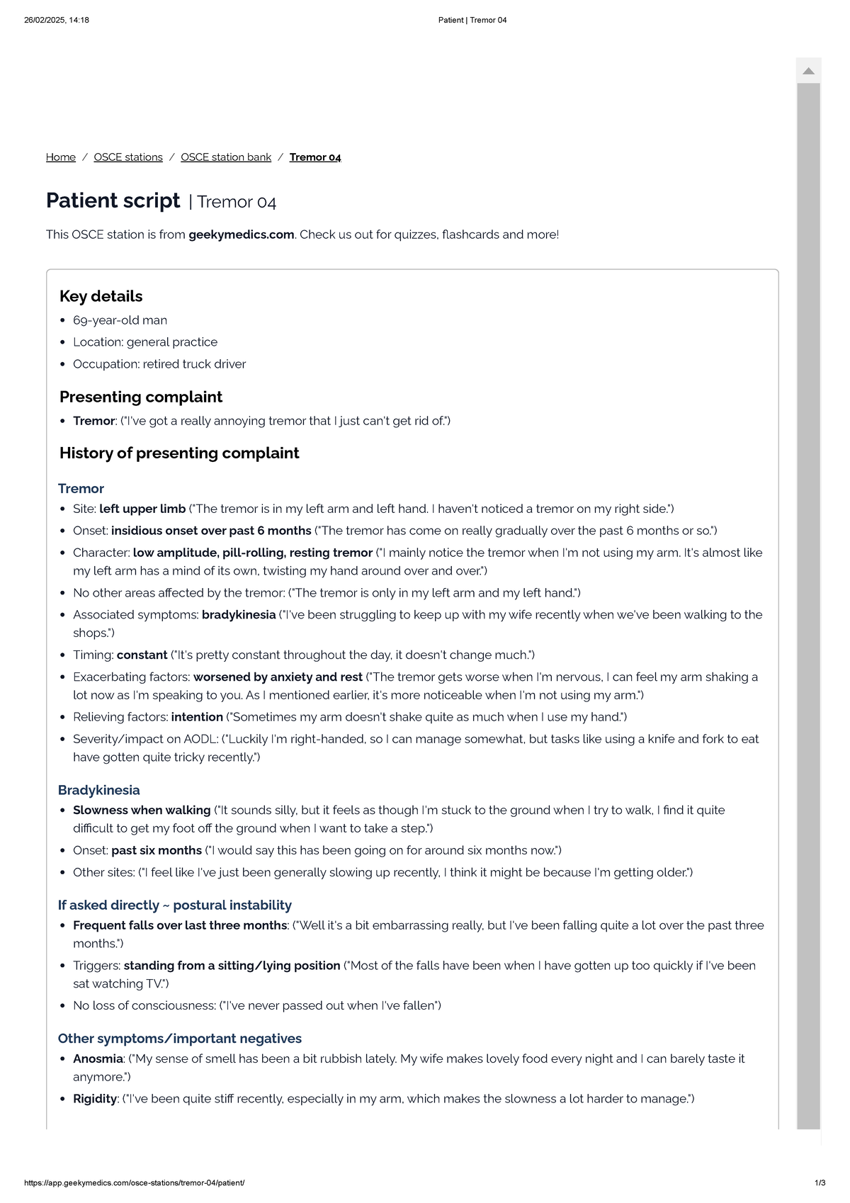 Patient OSCE Script: Tremor 04 - 69-Year-Old Male Case Study - Studocu