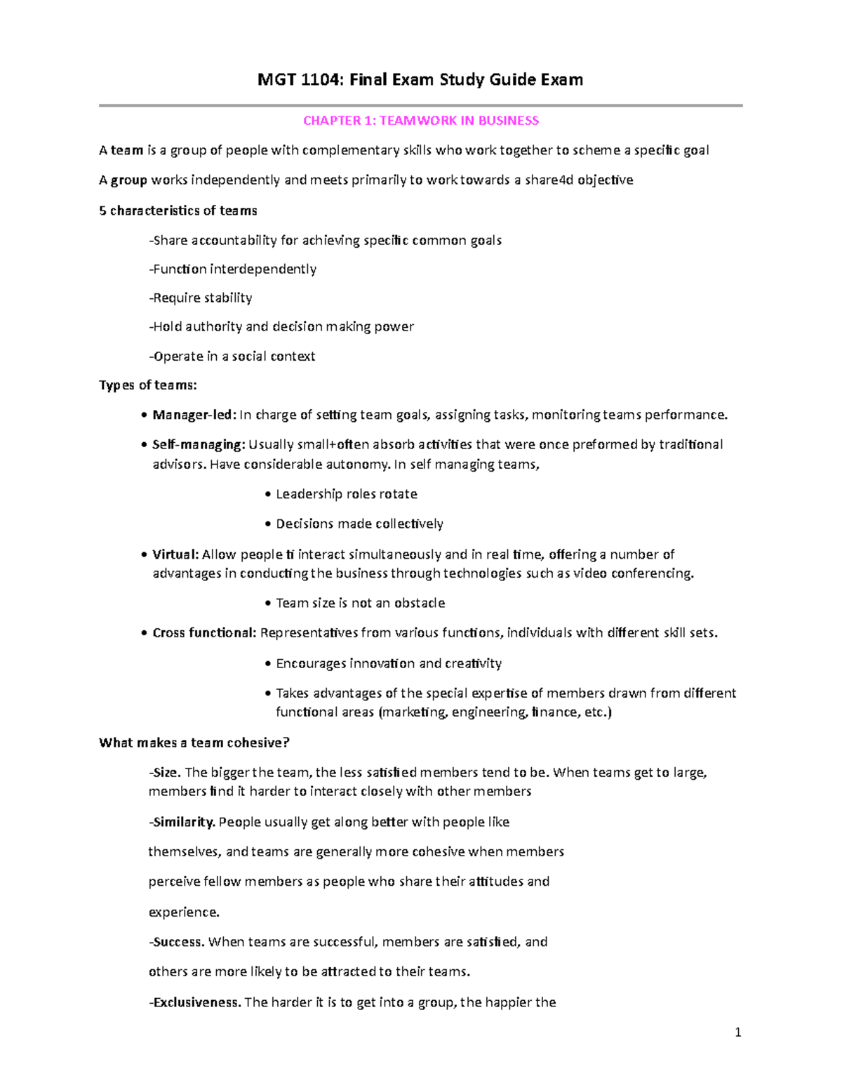 Final Exam Study Guide for MGT 1104 - Fall 2024 - Studocu