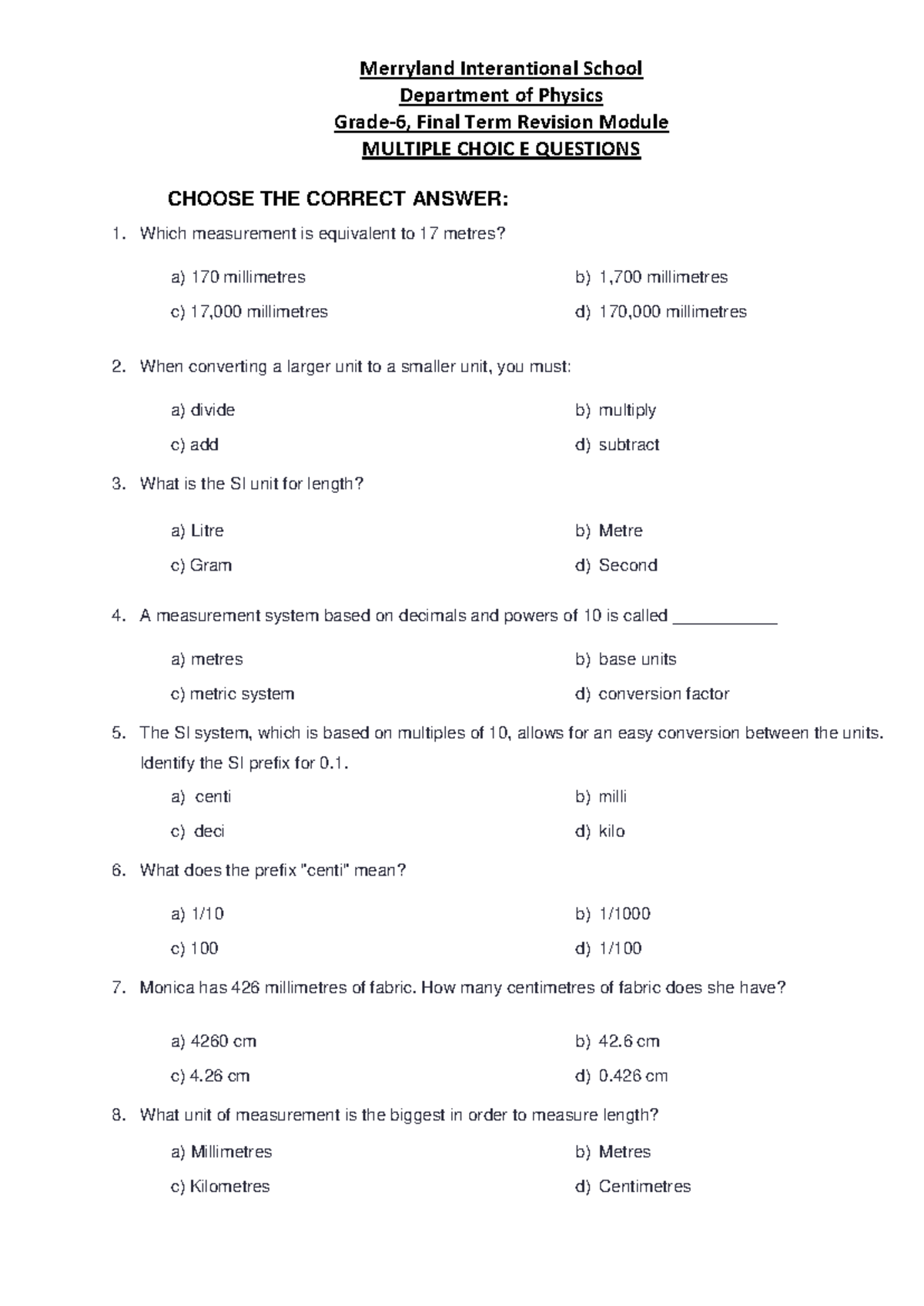 Phys 6 Final Term Revision MCQ Module on Measurement & SI Units - Studocu