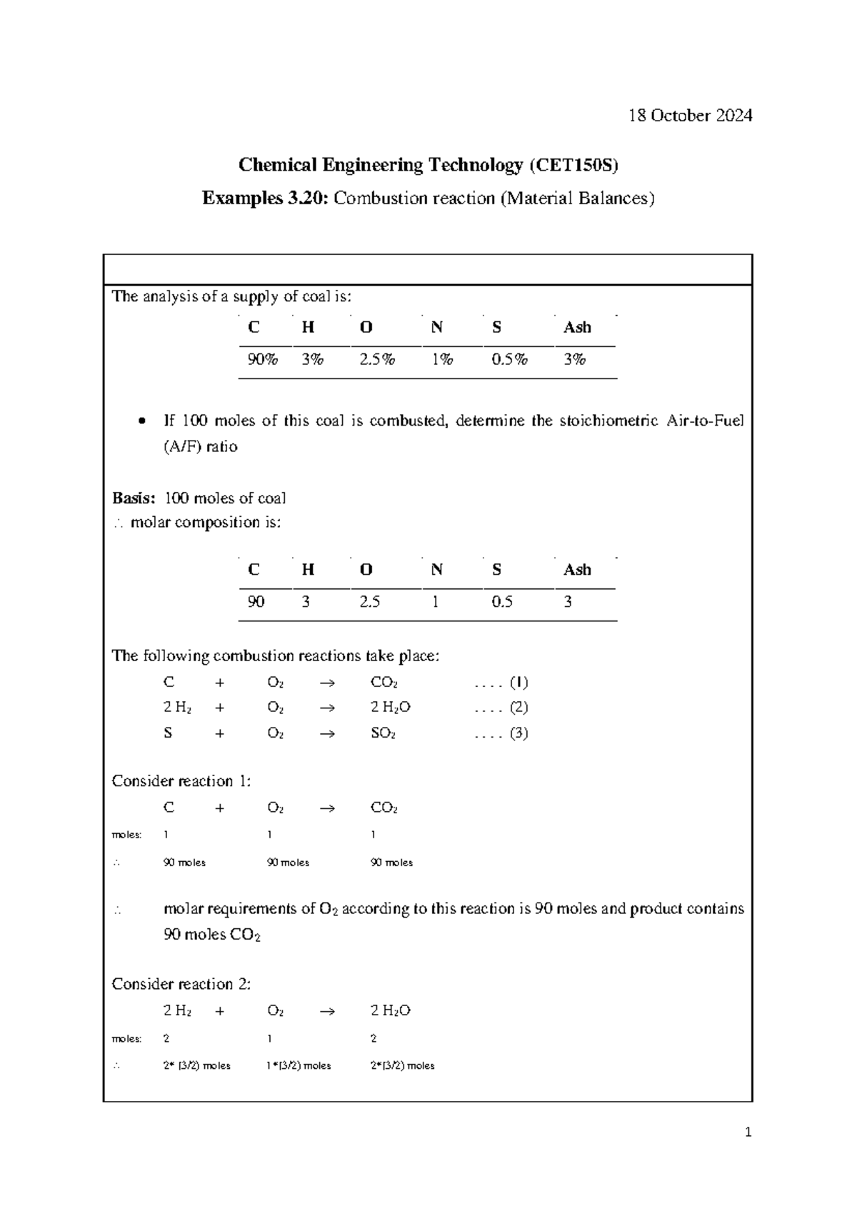 Example 3.20: Combustion Reaction Analysis in CET150S - Studocu