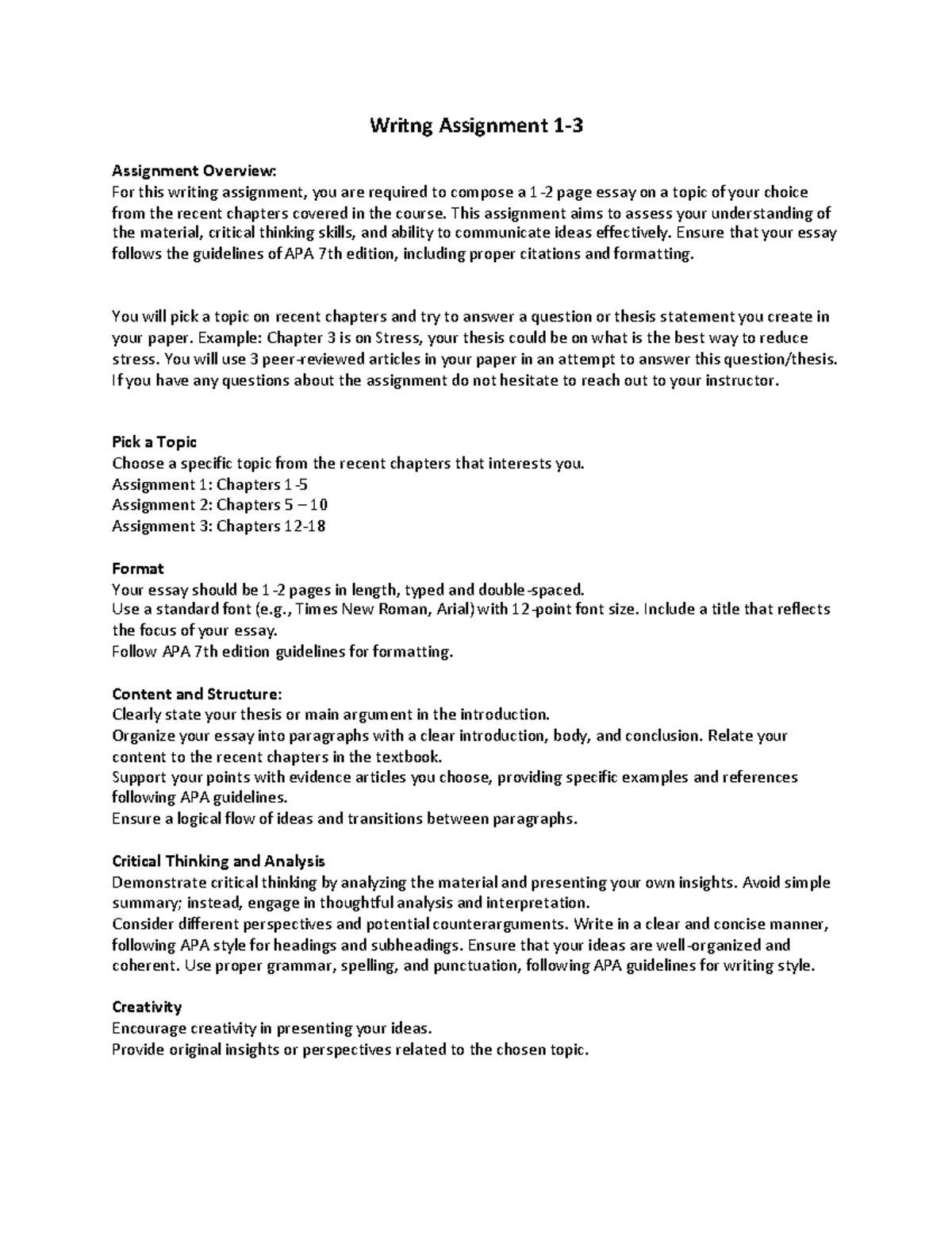 Writing Assignment Instructions - Writng Assignment 1- 3 Assignment ...