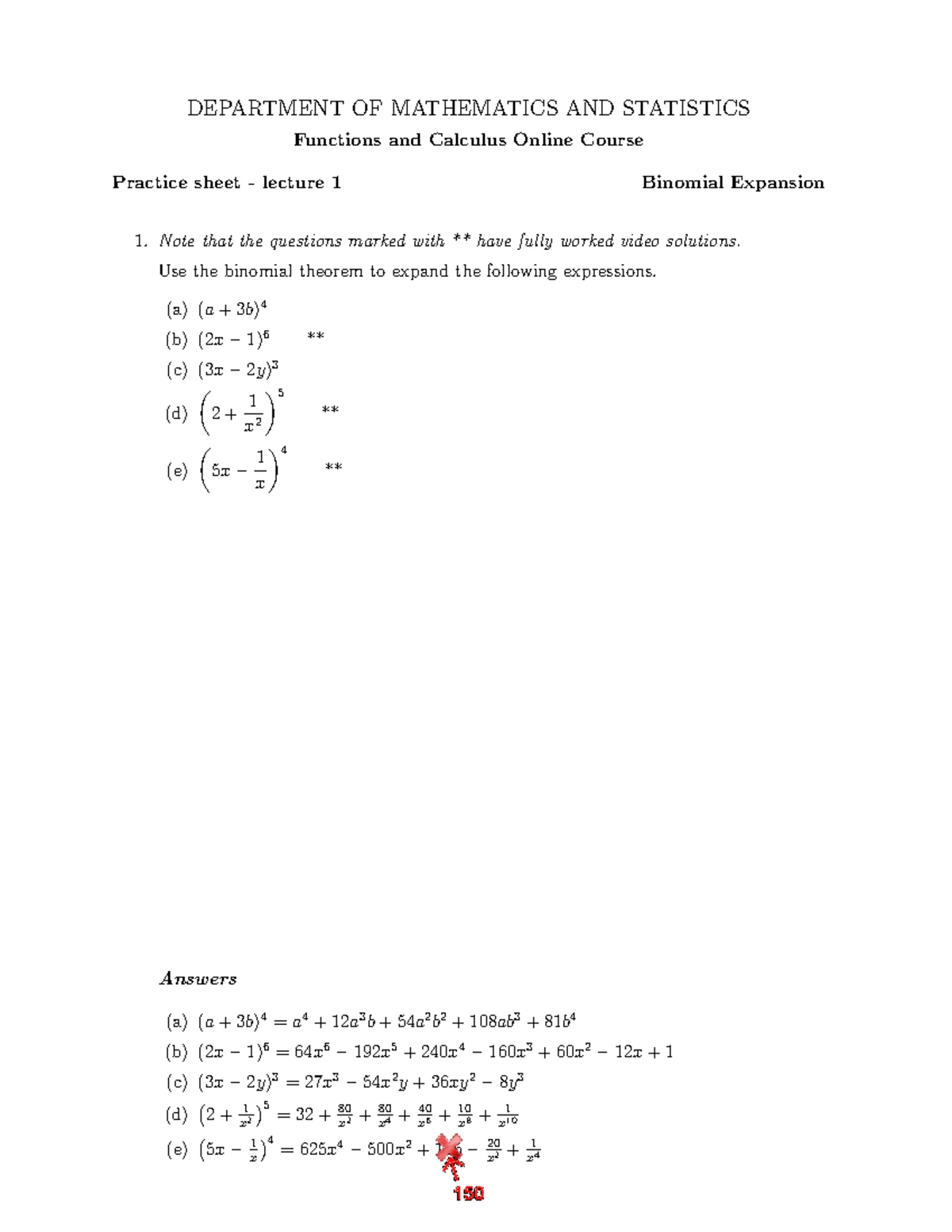 MATH 101: Functions & Calculus Lecture 4 Practice Sheet on Index Laws ...