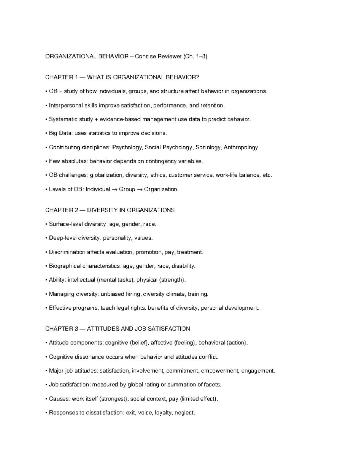 OB 101: Concise Reviewer on Organizational Behavior (Ch. 1-3) - Studocu