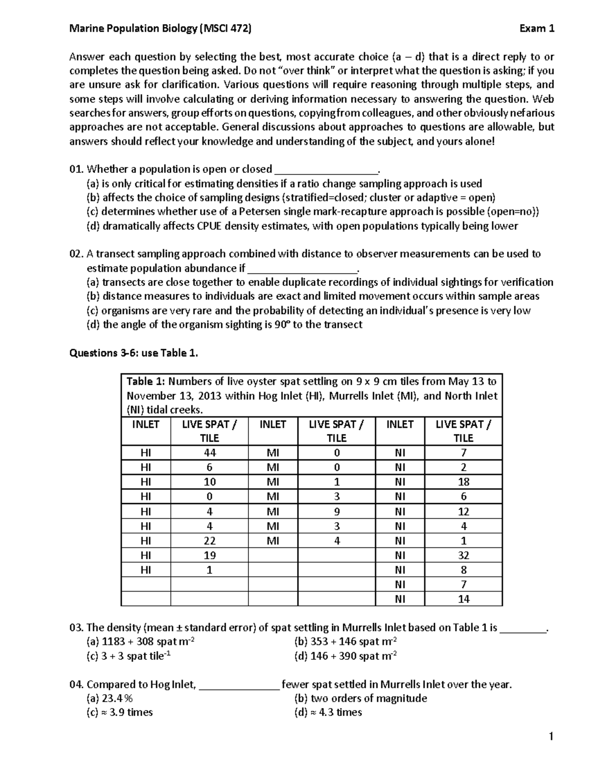 MSCI 472 Marine Population Biology Exam 1 Answers - Studocu