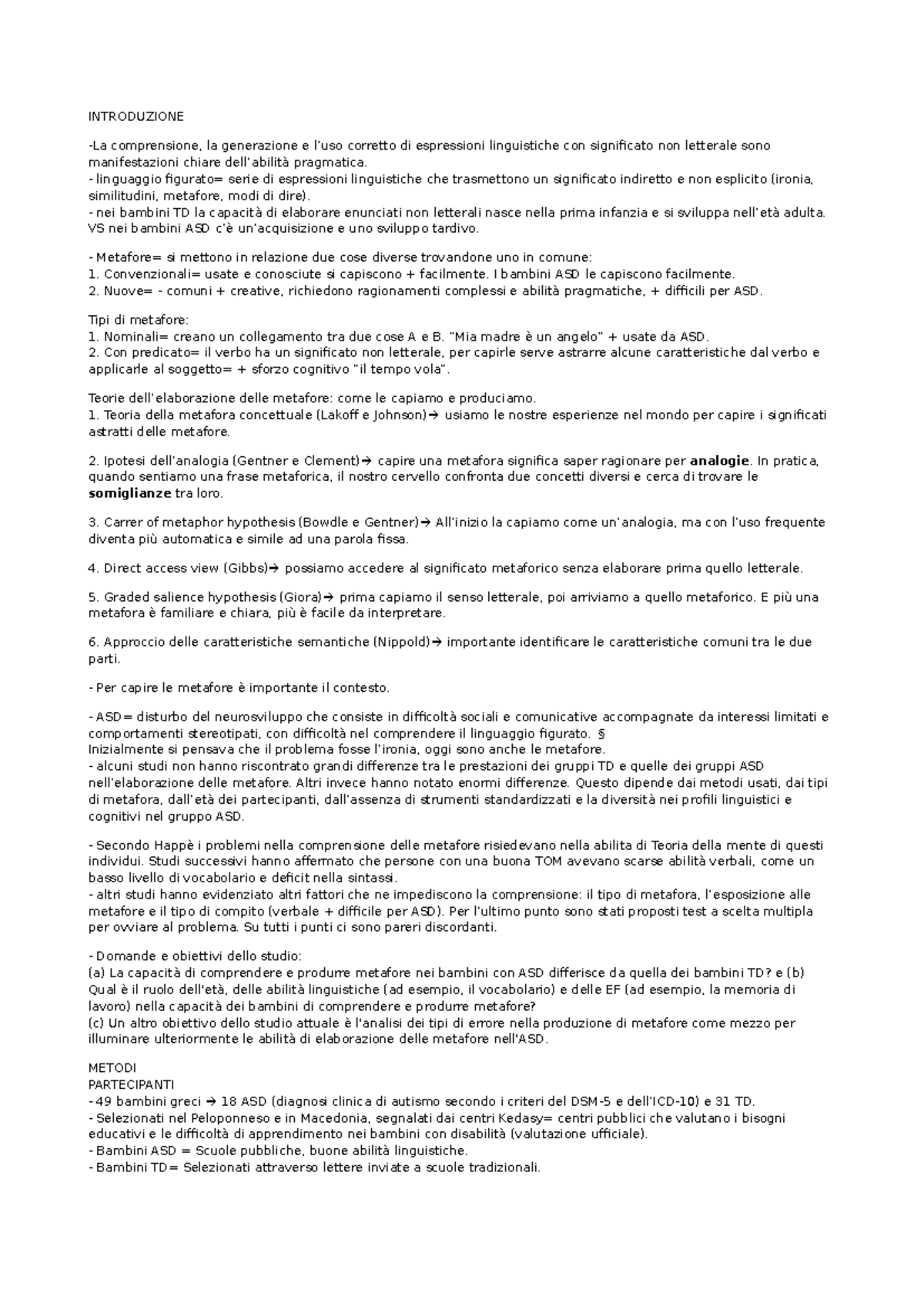 Riassunto dell'articolo su metafore e bambini ASD vs TD - Studocu