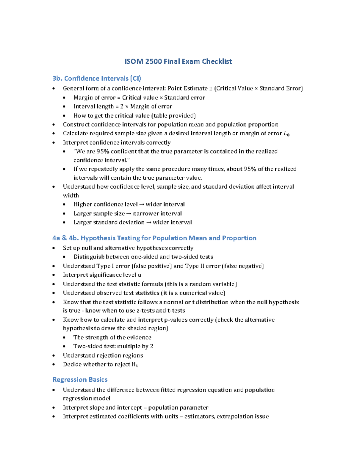 ISOM 2500 Final Exam Checklist: Confidence Intervals & Hypothesis ...
