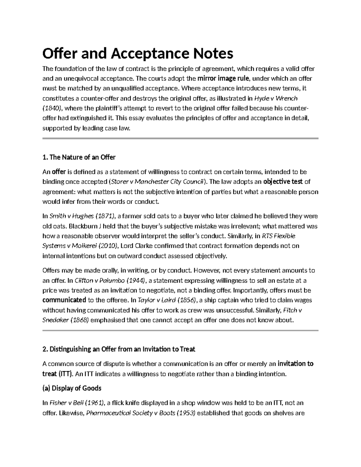 Offer and Acceptance Notes: Principles and Case Law Analysis - Studocu