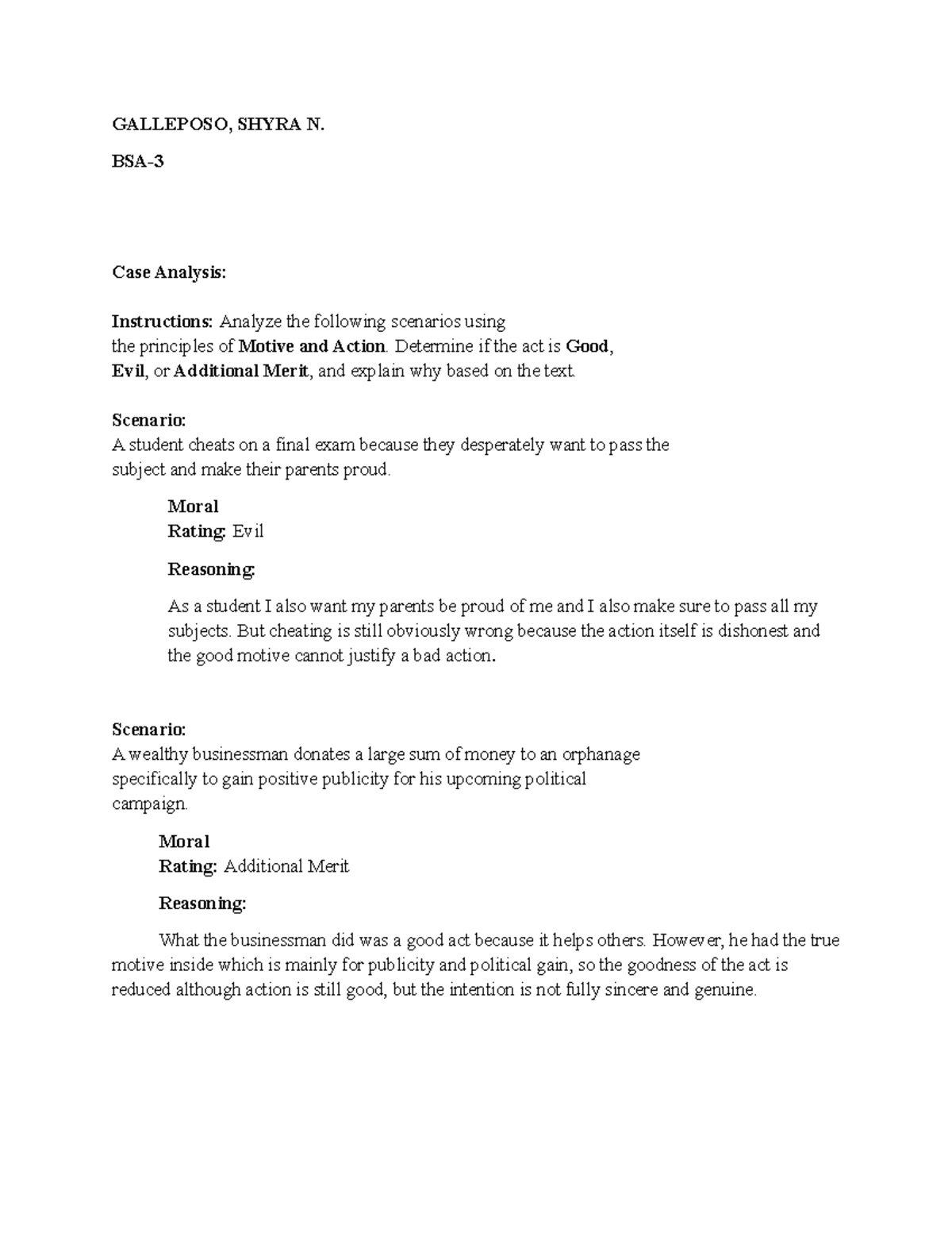 Case Analysis: Ethics - Motive and Action Evaluation S - Studocu