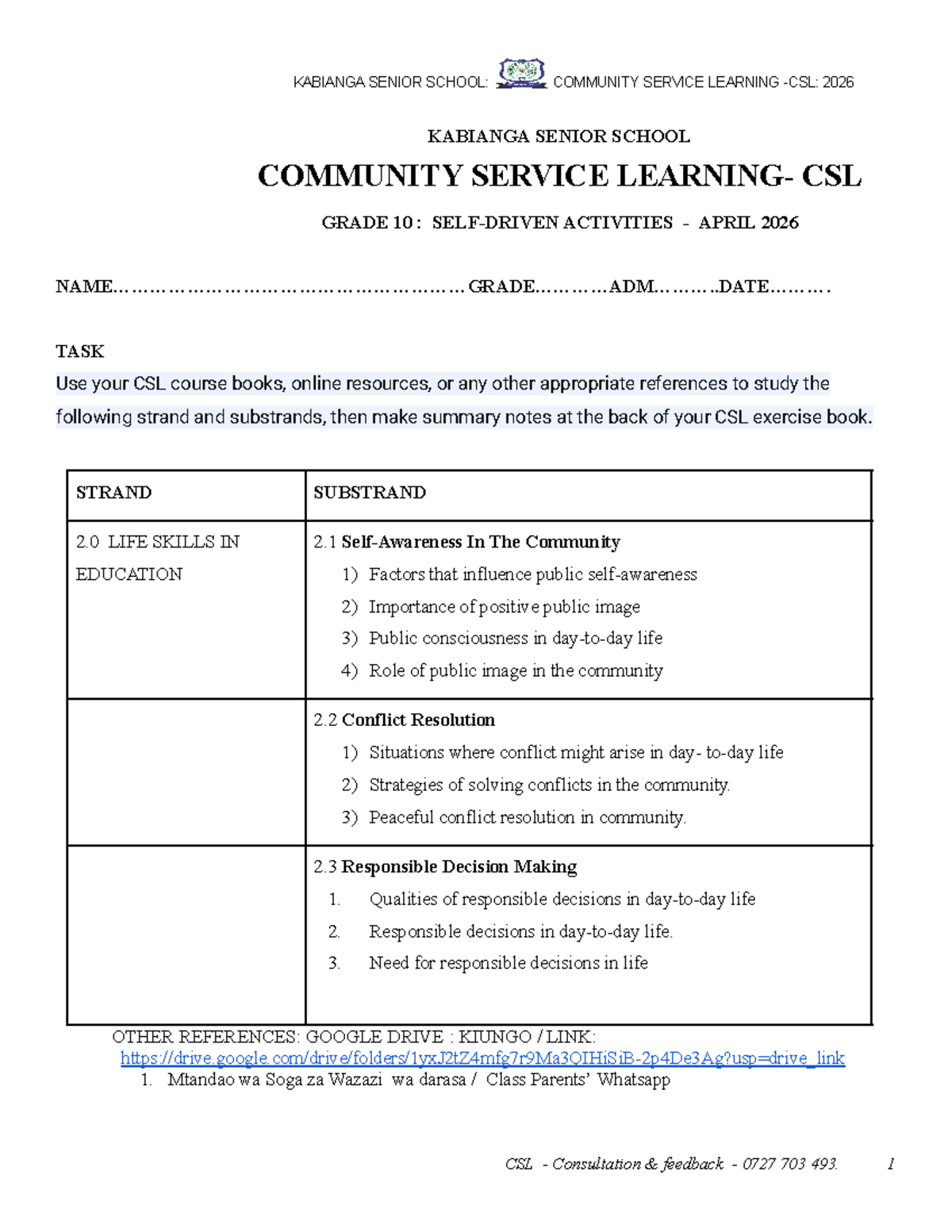 CSL Grade 10 Community Service Learning Holiday Assignment April 2026 ...