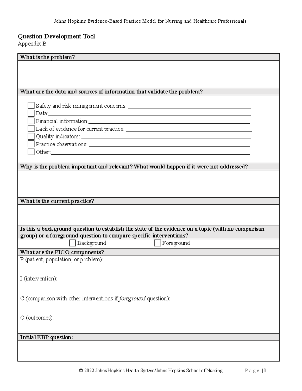 Johns Hopkins EBP Question Development Tool Appendix B - 2022 Final ...