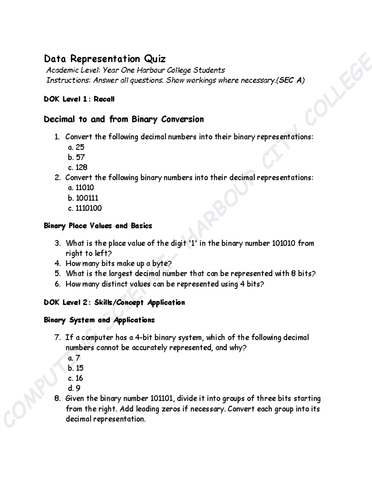 Data Representation Quiz - Form 1 (CO 101) - Harbour City College - Studocu
