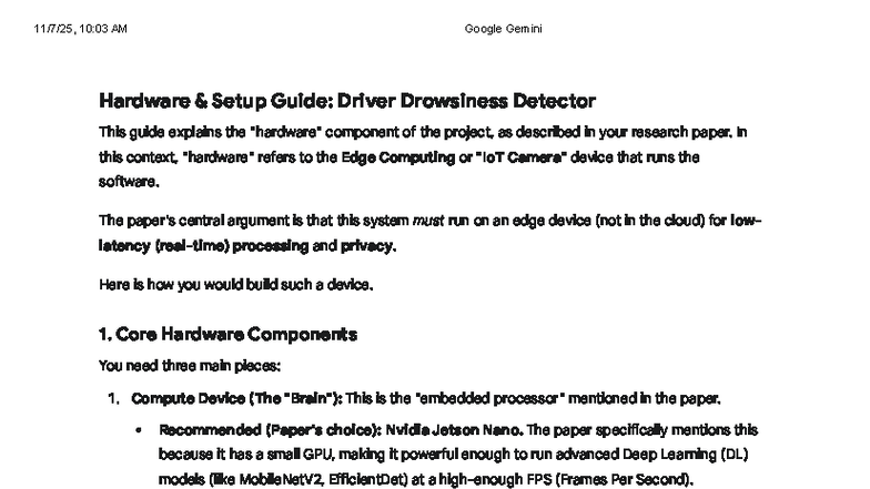 Google Gemini Hardware Setup Guide: Driver Drowsiness Detector - Studocu