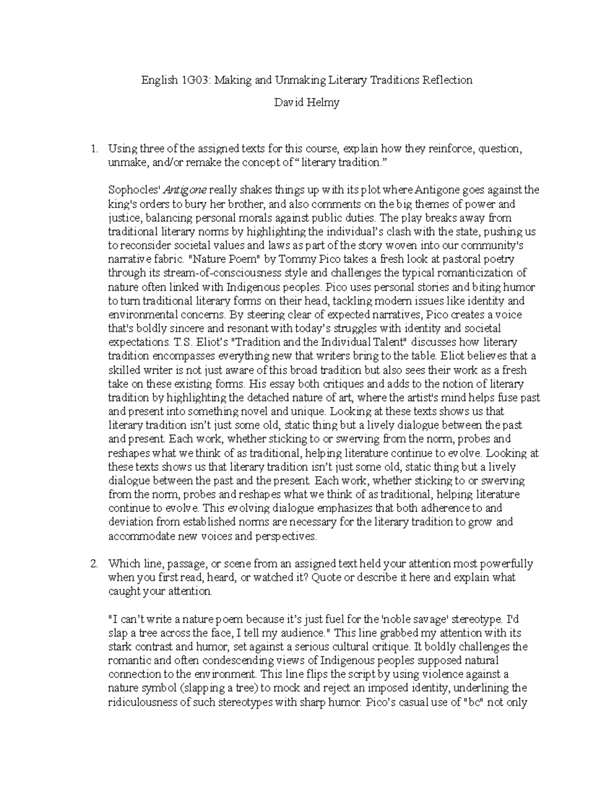 English 1G03: Reflection on Literary Traditions and Identity - Studocu