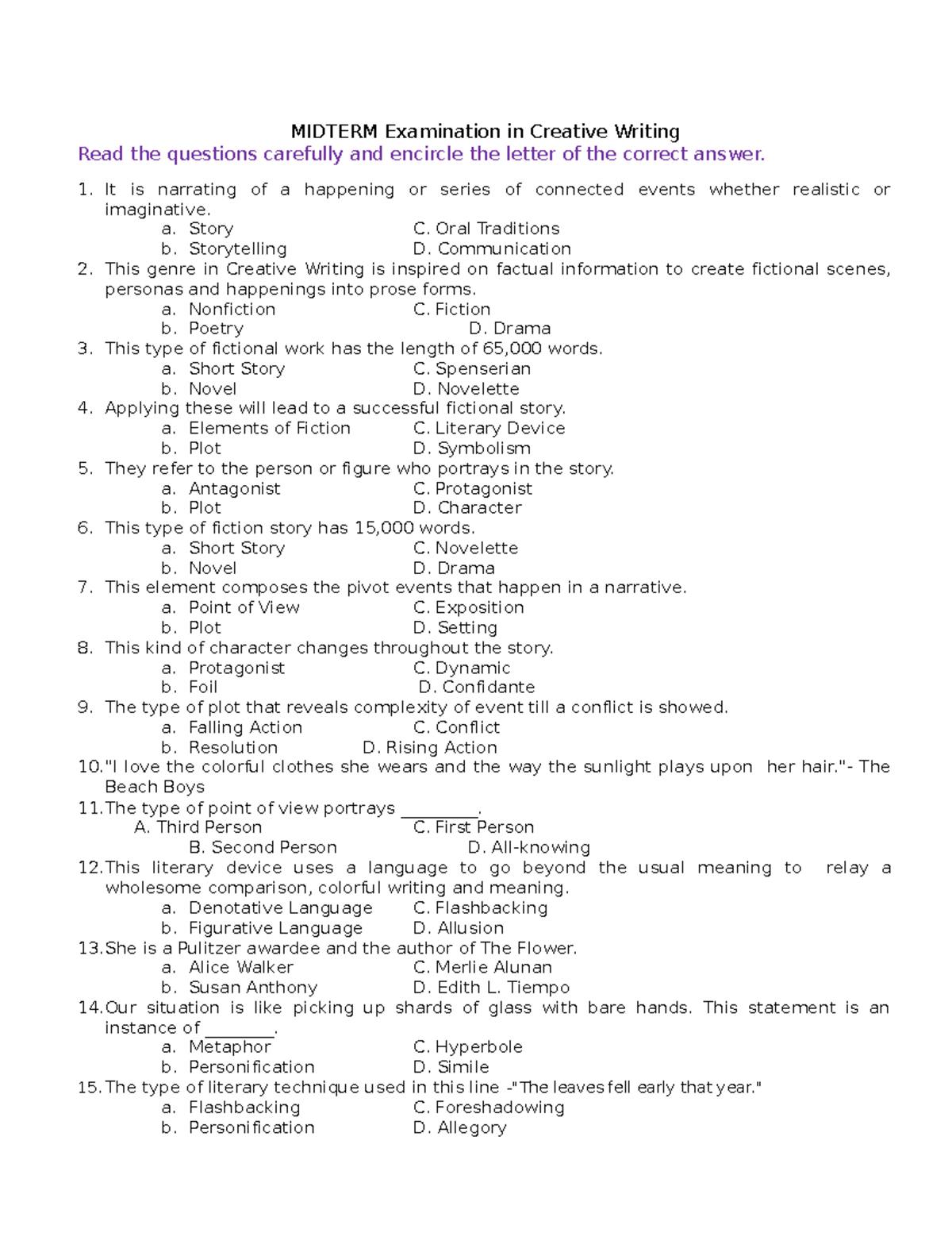 MIDTERM Exam Questions for Creative Writing (CW 101) - Studocu