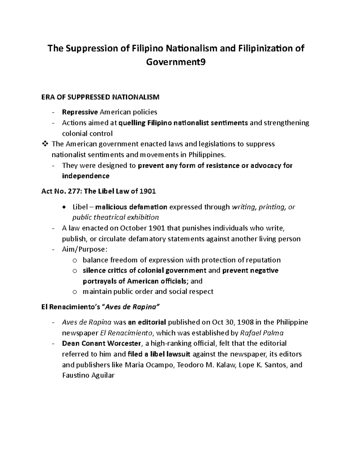 Chapter 10: Suppression of Filipino Nationalism and Government ...